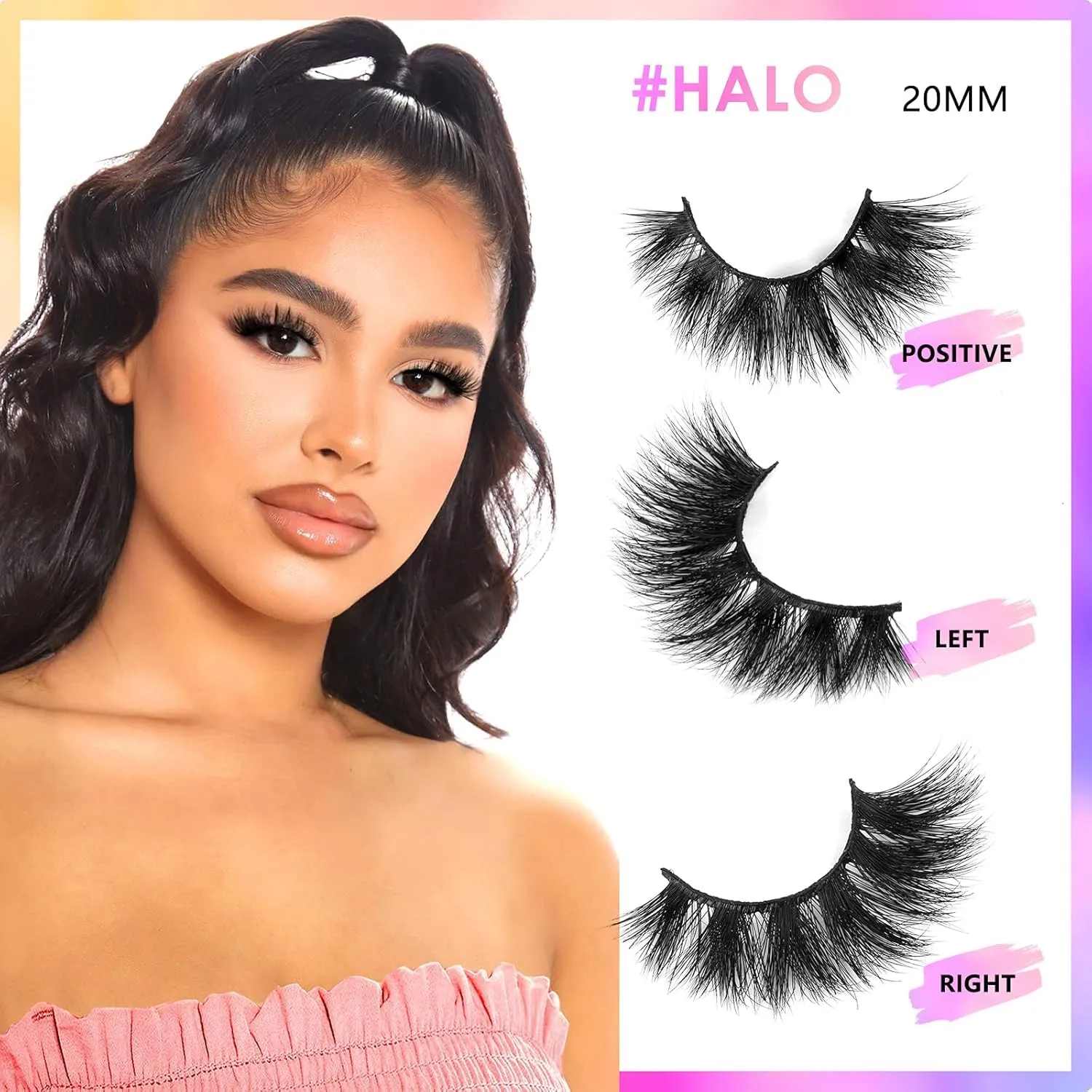 20mm Mink Lashes, 3D Real Mink Eyelashes, 3 Pairs Cat Eye Lashes, Fluffy Dramatic False Eyelashes, 6D Long Thick Luxury Volume Strip Lash, Soft Reusable Non-Irritating Fake Lash (Halo)