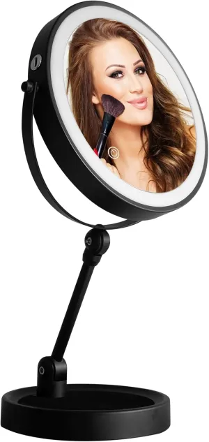 8 Inch Height Adjustable Magnifying Mirror with Light, 1x/10x Double Side Stand Vanity Mirror with Foldable Storable Base, 3 Colors Travel Lighted USB Cosmetic Mirror with magnification Black