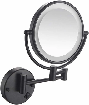 8 in Round Wall-Mounted Bathroom Mirror LED Lighted Makeup Mirror Wall Mount with Lights and 3X Magnification, Lighted Wall Mount Mirror Double Sided Swivel Extendable,Nickel (Color : Black, Size :