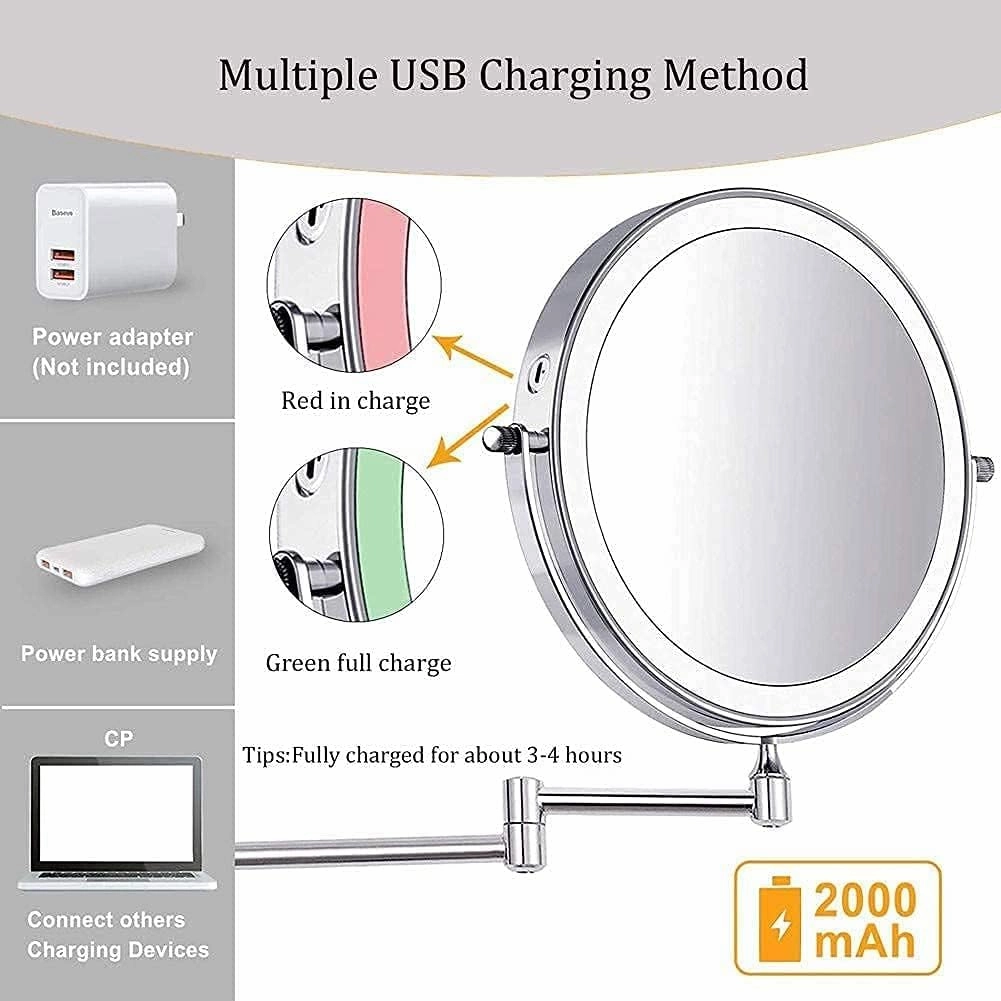 8 Inch Rechargeable Wall Mounted Lighted Makeup Vanity Mirror with 3 Color Lights, Double Sides 1X/5X Magnifying Bathroom Makeup Mirror, Touch Screen Dimming 360° Shaving Mirror1X/5(1X/7X)