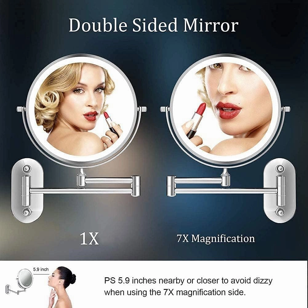 8 Inch Rechargeable Wall Mounted Lighted Makeup Vanity Mirror with 3 Color Lights, Double Sides 1X/5X Magnifying Bathroom Makeup Mirror, Touch Screen Dimming 360° Shaving Mirror1X/5(1X/7X)