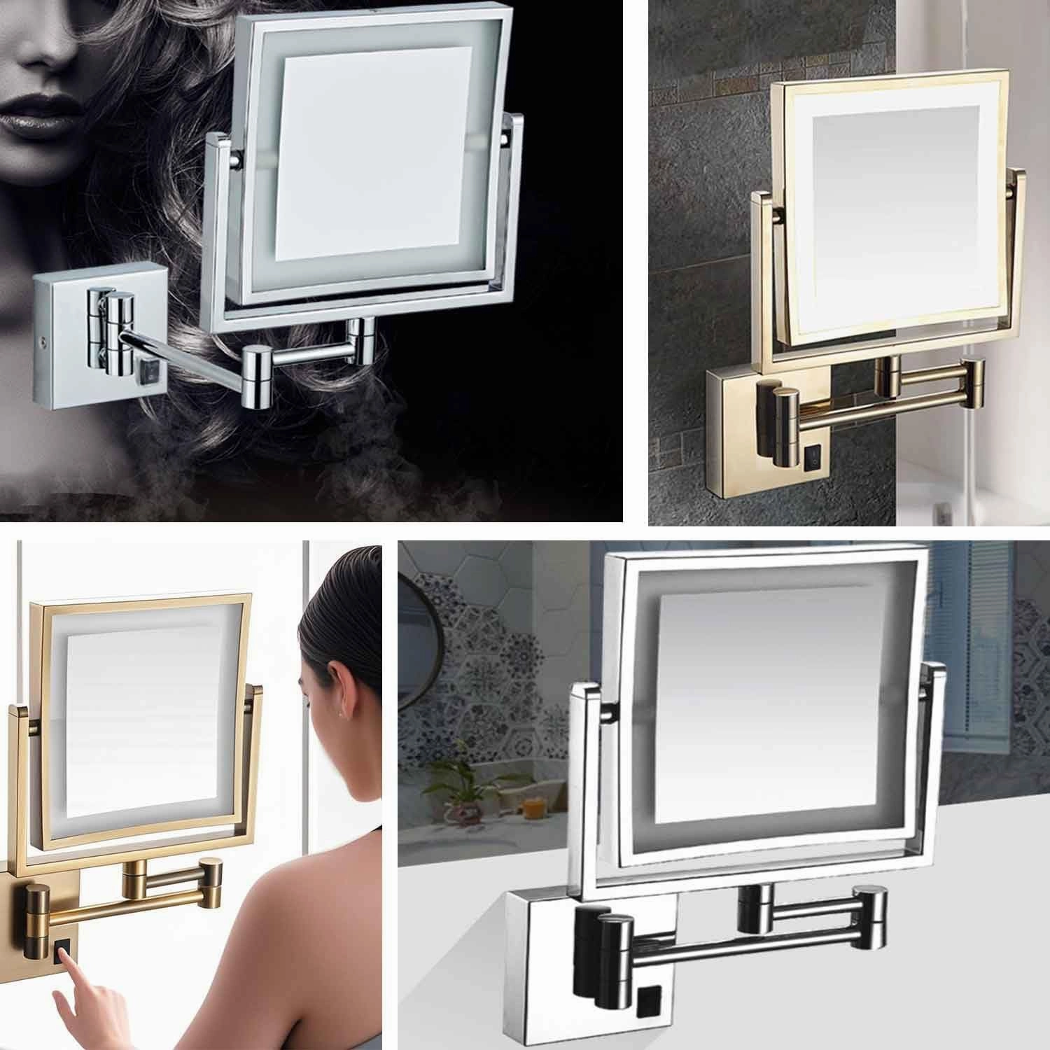 8 Inch Wall Mounted Square Lighted Makeup Mirror,Vanity Mirror with Screen Touch 3 Color Lights Dimming,HD Magnifying Shaving Mirror Antique, Plug