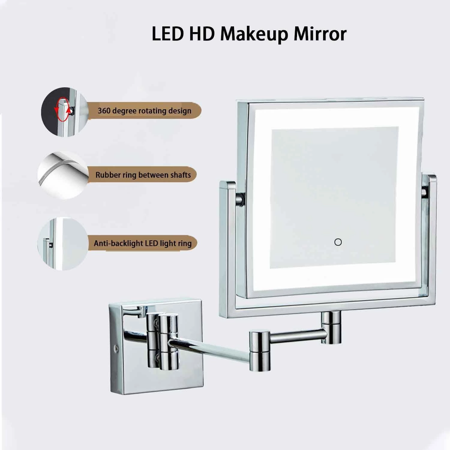 8 Inch Wall Mounted Square Lighted Makeup Mirror,Vanity Mirror with Screen Touch 3 Color Lights Dimming,HD Magnifying Shaving Mirror Antique, Plug