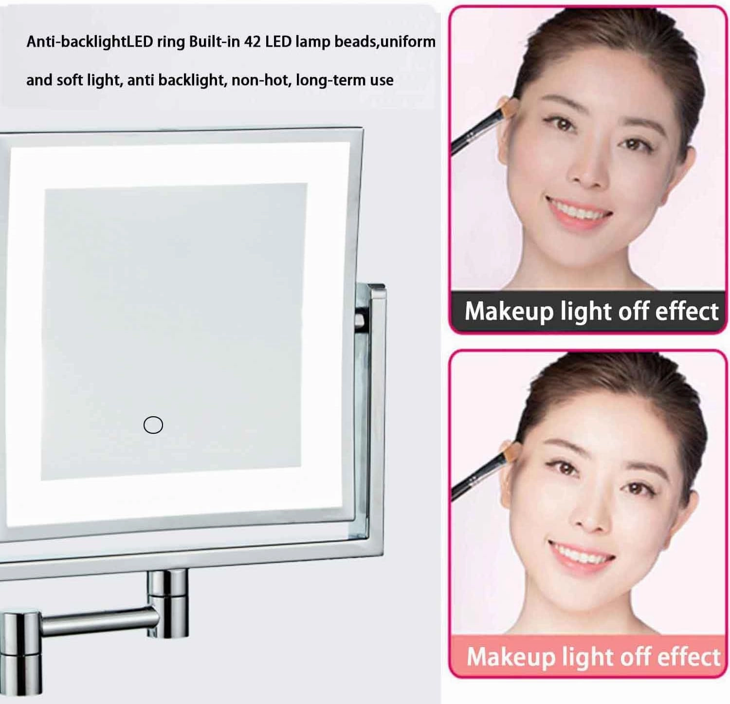 8 Inch Wall Mounted Square Lighted Makeup Mirror,Vanity Mirror with Screen Touch 3 Color Lights Dimming,HD Magnifying Shaving Mirror Antique, Plug