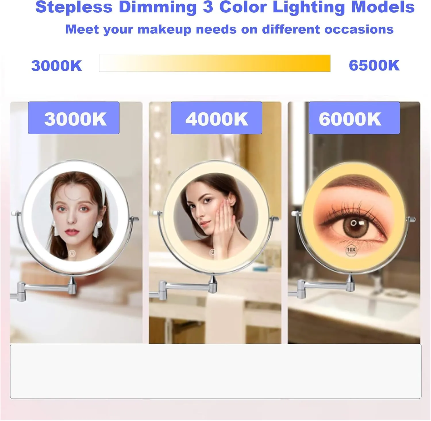 8" Tabletop Lighted Makeup Mirror, 1X/10X Magnification, USB Rechargeable 2000mAh, Black, Adjustable Brightness, 360° Rotation