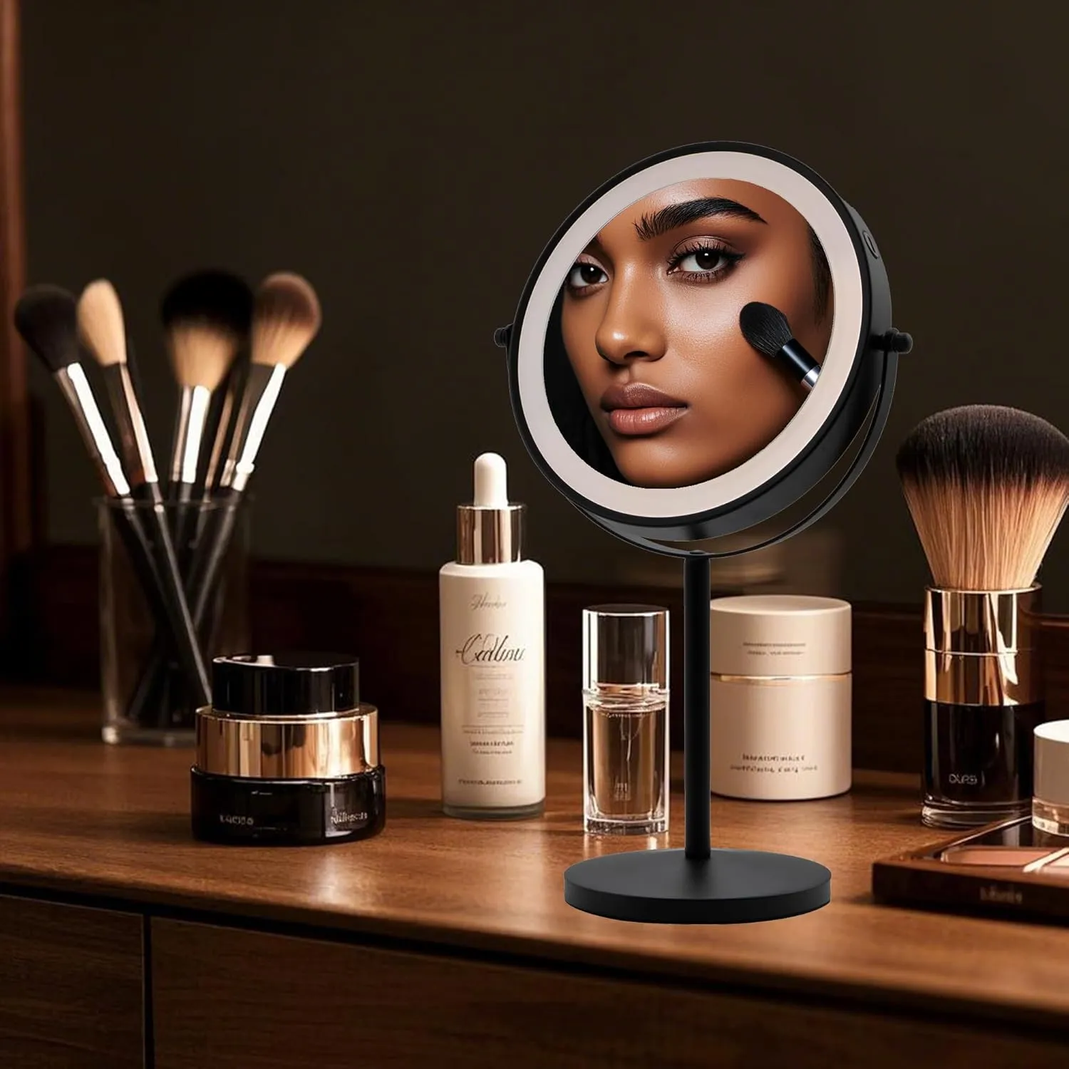 8" Tabletop Lighted Makeup Mirror, 1X/10X Magnification, USB Rechargeable 2000mAh, Black, Adjustable Brightness, 360° Rotation