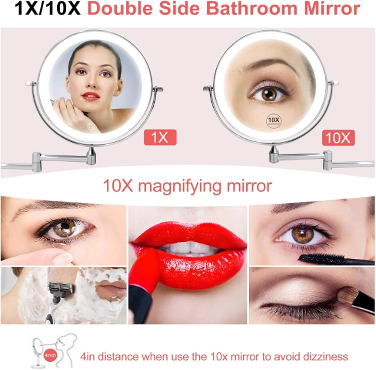 8" Tabletop Lighted Makeup Mirror, 1X/10X Magnification, USB Rechargeable 2000mAh, Black, Adjustable Brightness, 360° Rotation