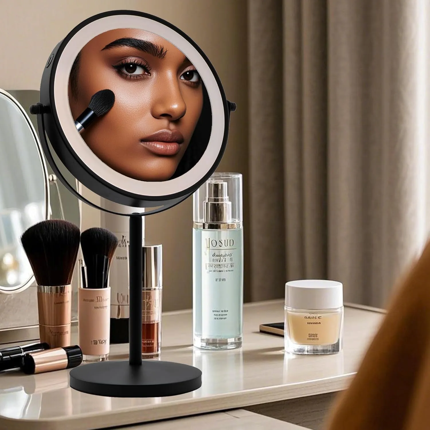 8" Tabletop Lighted Makeup Mirror, 1X/10X Magnification, USB Rechargeable 2000mAh, Black, Adjustable Brightness, 360° Rotation