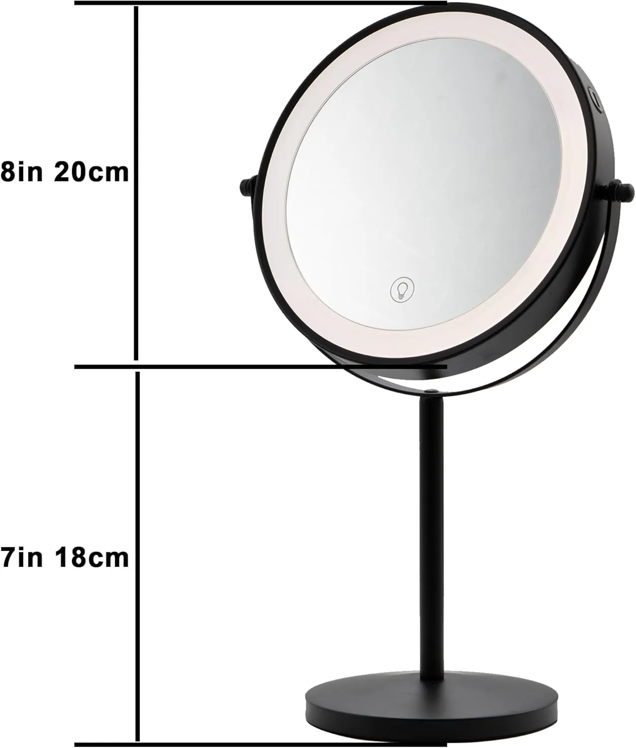 8" Tabletop Lighted Makeup Mirror, 1X/10X Magnification, USB Rechargeable 2000mAh, Black, Adjustable Brightness, 360° Rotation