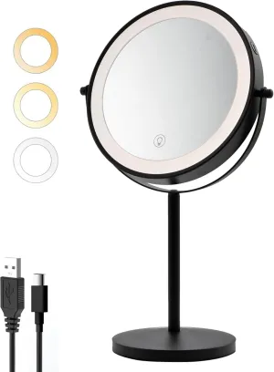8" Tabletop Lighted Makeup Mirror, 1X/10X Magnification, USB Rechargeable 2000mAh, Black, Adjustable Brightness, 360° Rotation