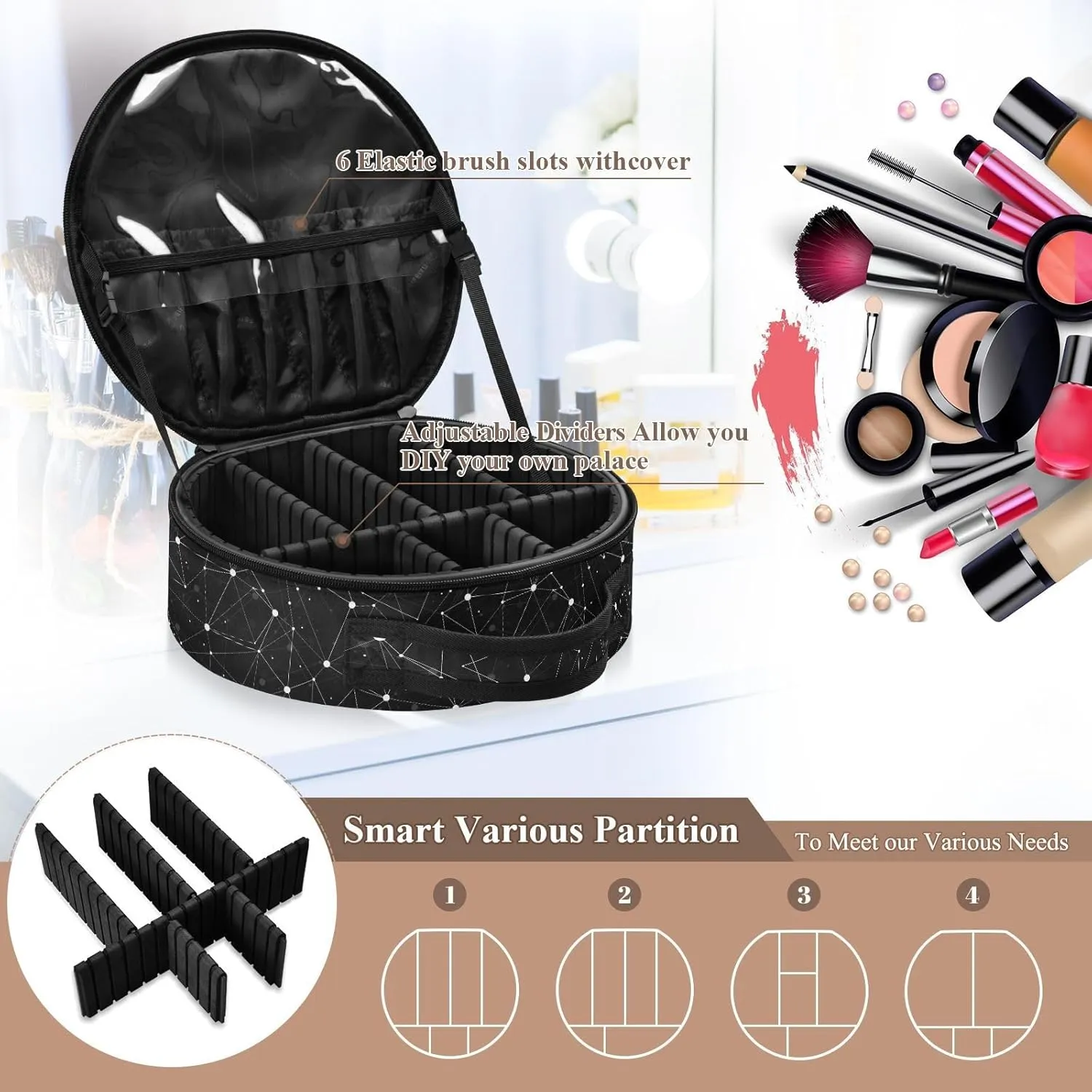 ALAZA Constellations Black Space Galaxies Travel Makeup Train Case Makeup Cosmetic Case with Adjustable Dividers