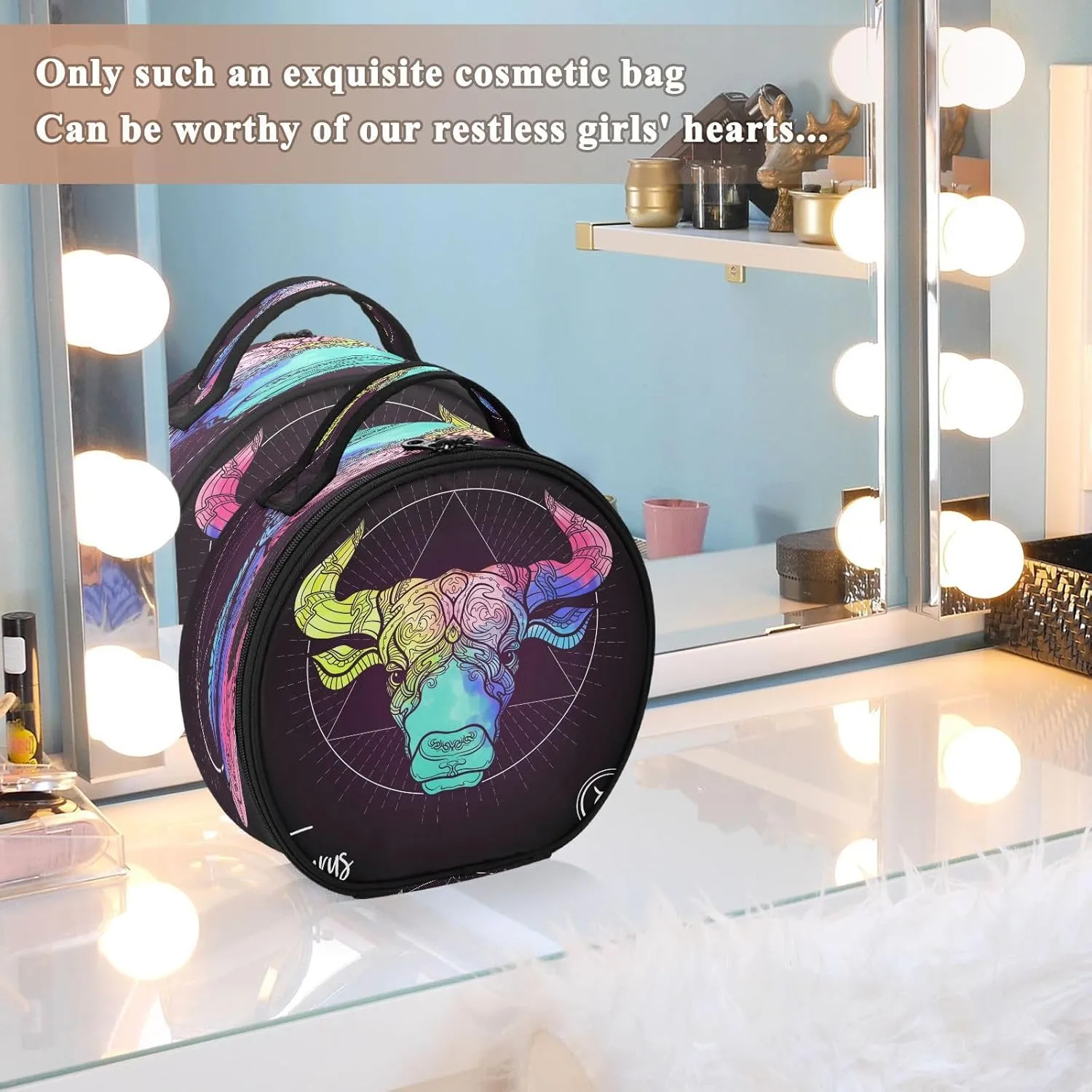 ALAZA Taurus Bull Ox Zodiac Sign Multicolor on Black Portable Cosmetic Bag Large Capacity Makeup Bags