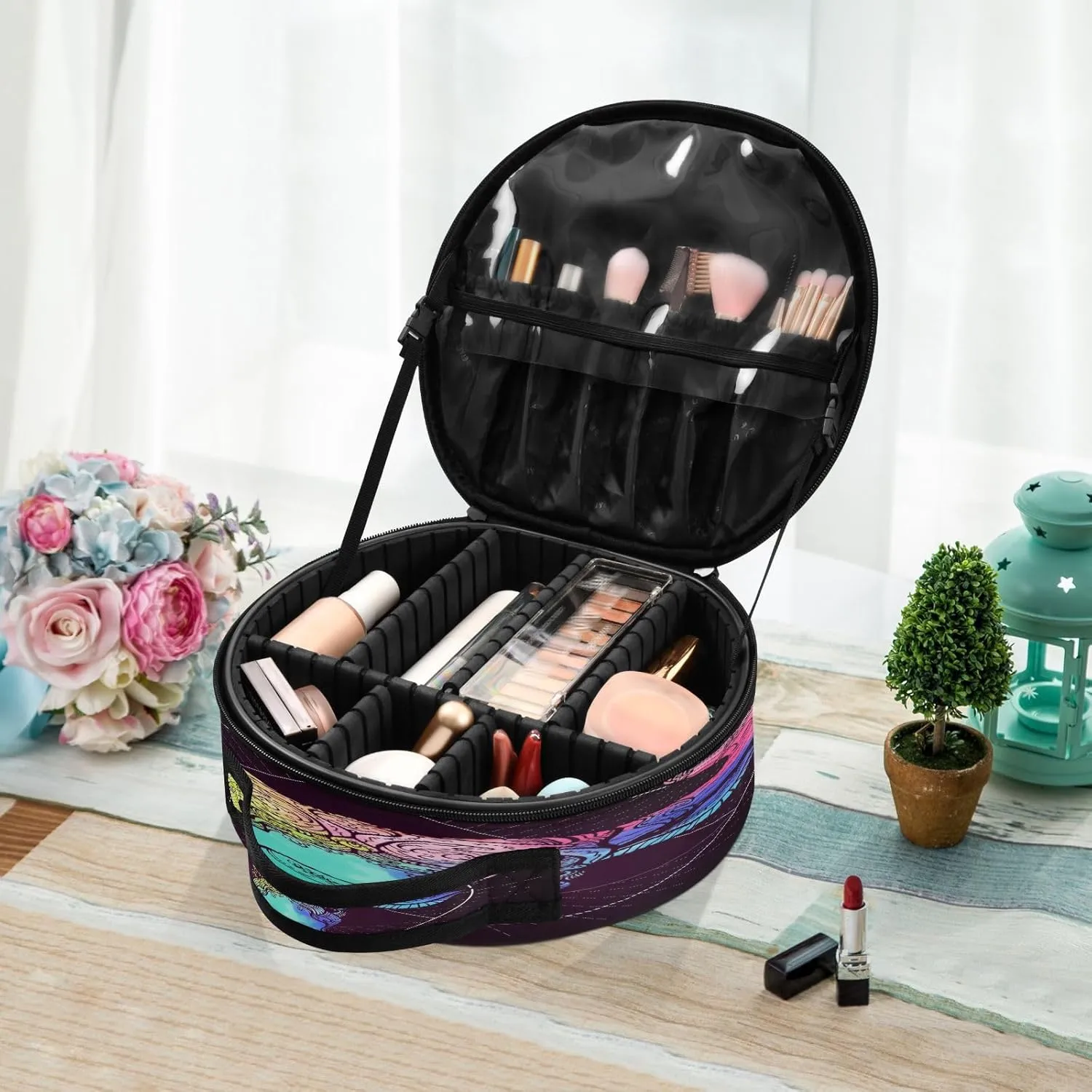 ALAZA Taurus Bull Ox Zodiac Sign Multicolor on Black Portable Cosmetic Bag Large Capacity Makeup Bags