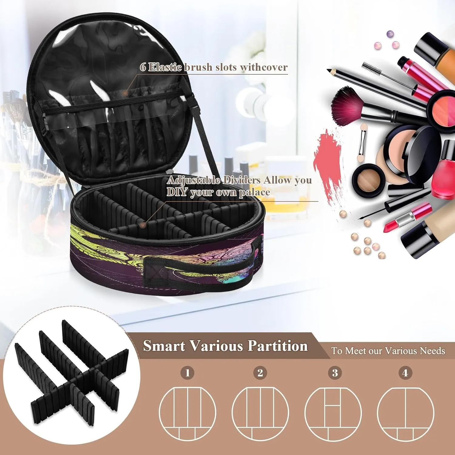 ALAZA Taurus Bull Ox Zodiac Sign Multicolor on Black Portable Cosmetic Bag Large Capacity Makeup Bags