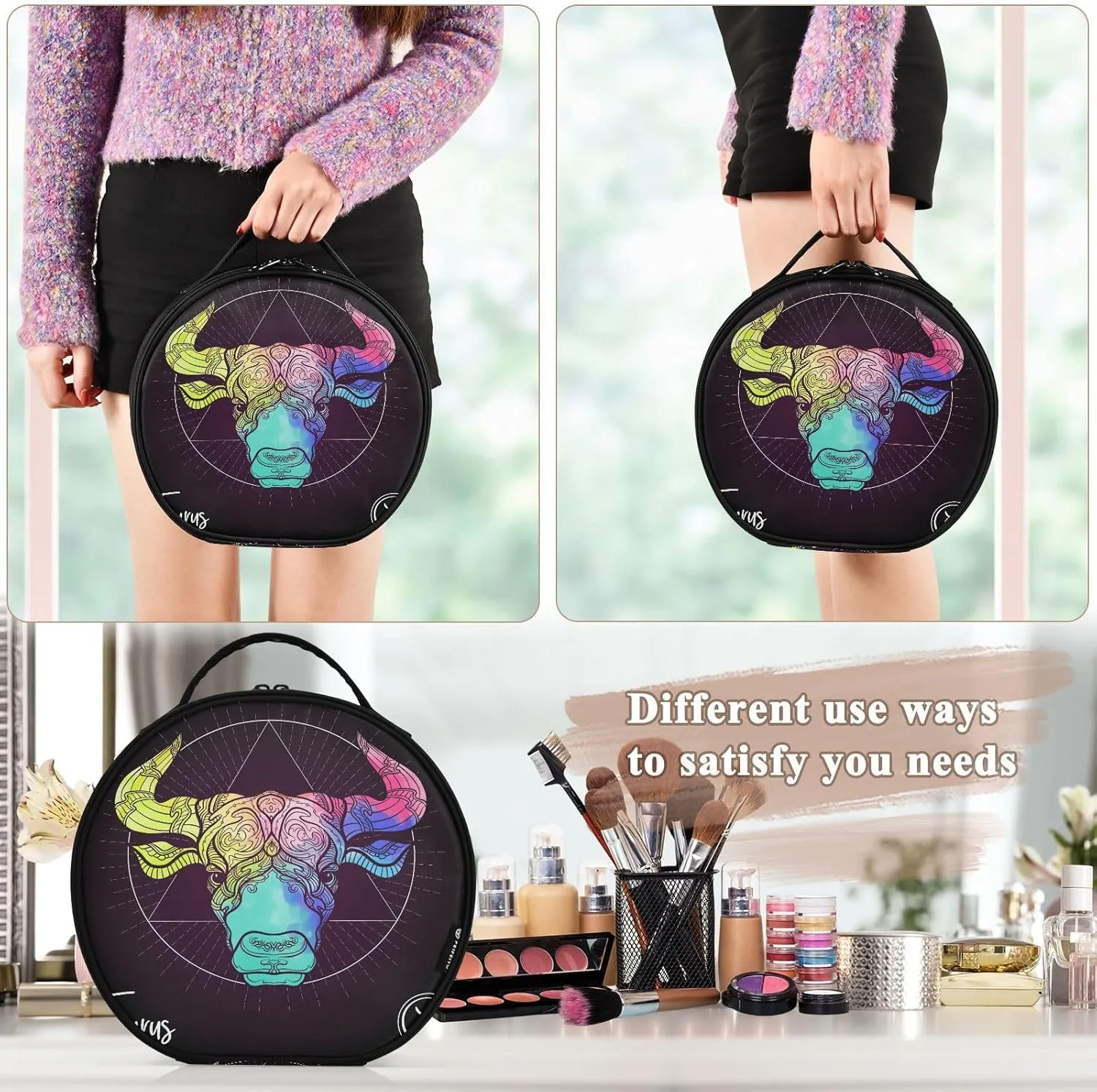 ALAZA Taurus Bull Ox Zodiac Sign Multicolor on Black Portable Cosmetic Bag Large Capacity Makeup Bags