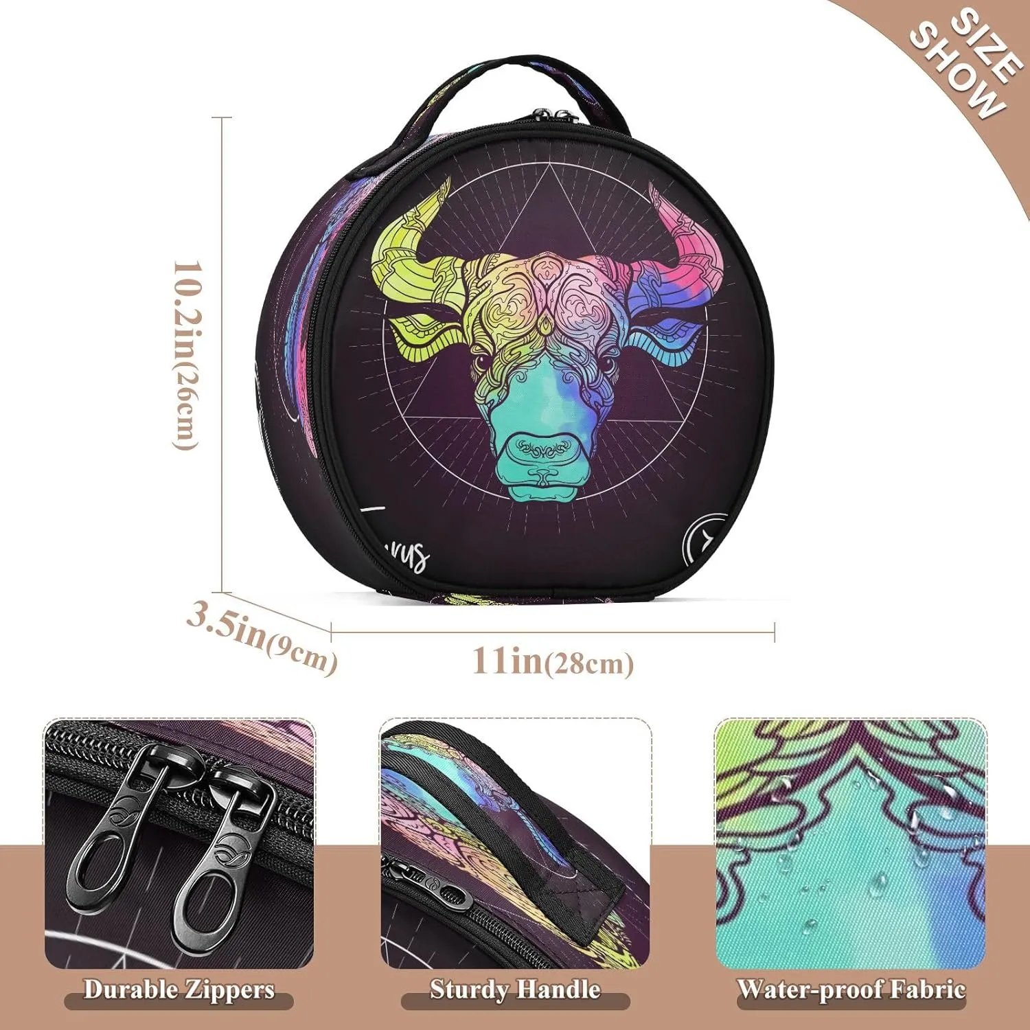 ALAZA Taurus Bull Ox Zodiac Sign Multicolor on Black Portable Cosmetic Bag Large Capacity Makeup Bags