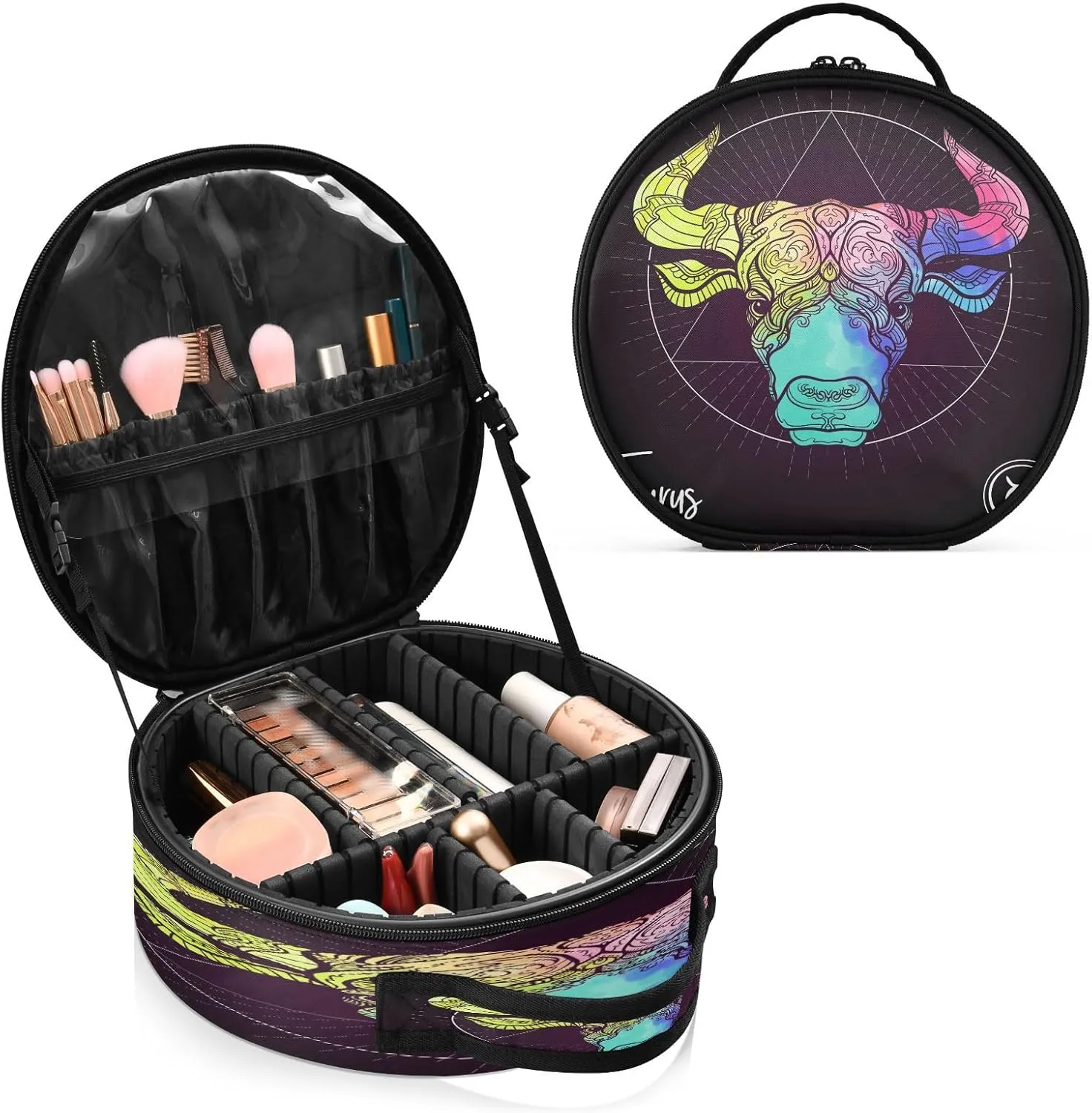ALAZA Taurus Bull Ox Zodiac Sign Multicolor on Black Portable Cosmetic Bag Large Capacity Makeup Bags