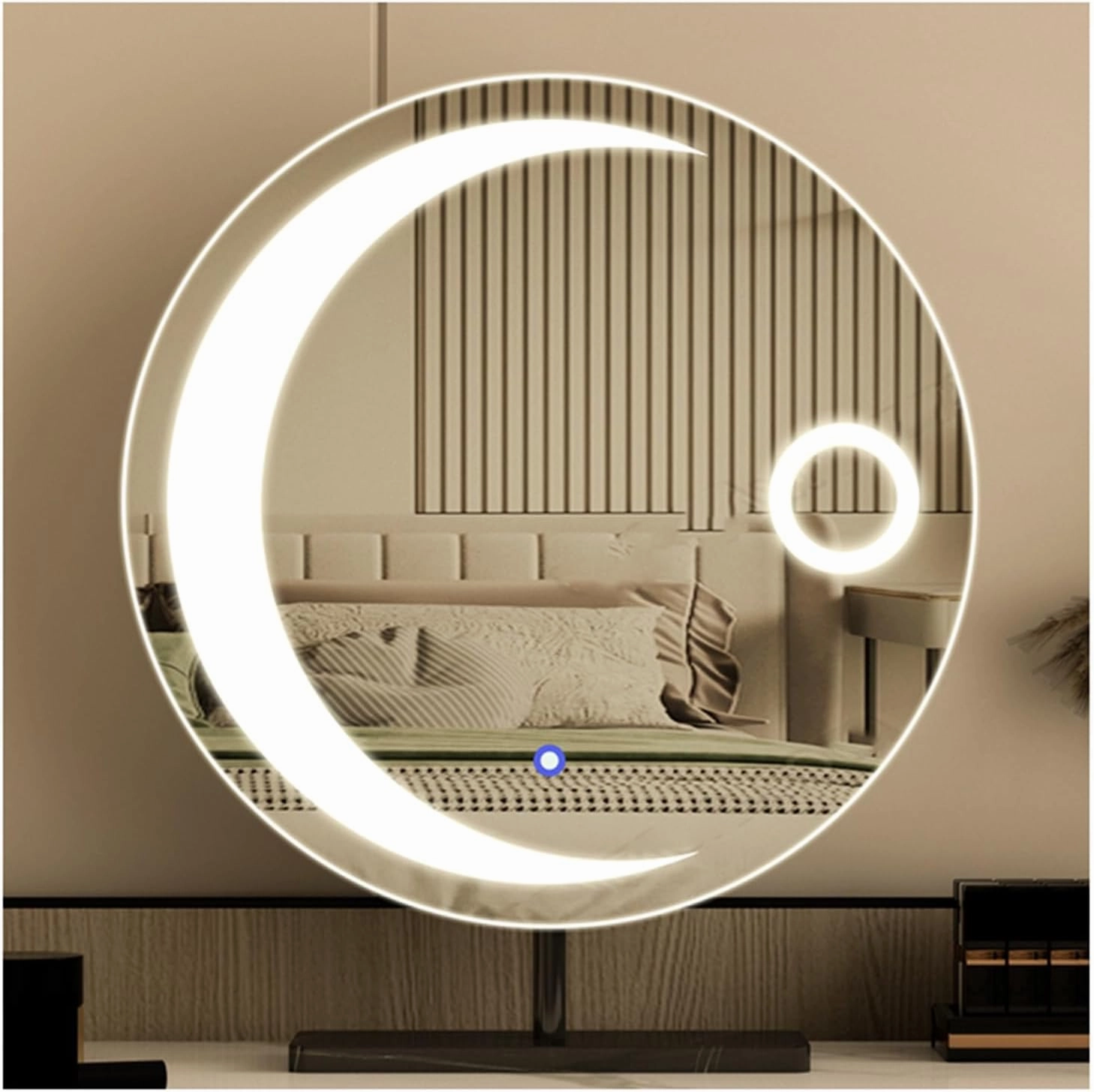 APLUSH Vanity Mirror with Lights, Round Moon Desk Mirror, 3 Colors Dimable, Smart Touch Makeup Mirror, Metal Frame, Birthday Gifts(B - Black,45 * 55cm/17.7 * 21.7in)