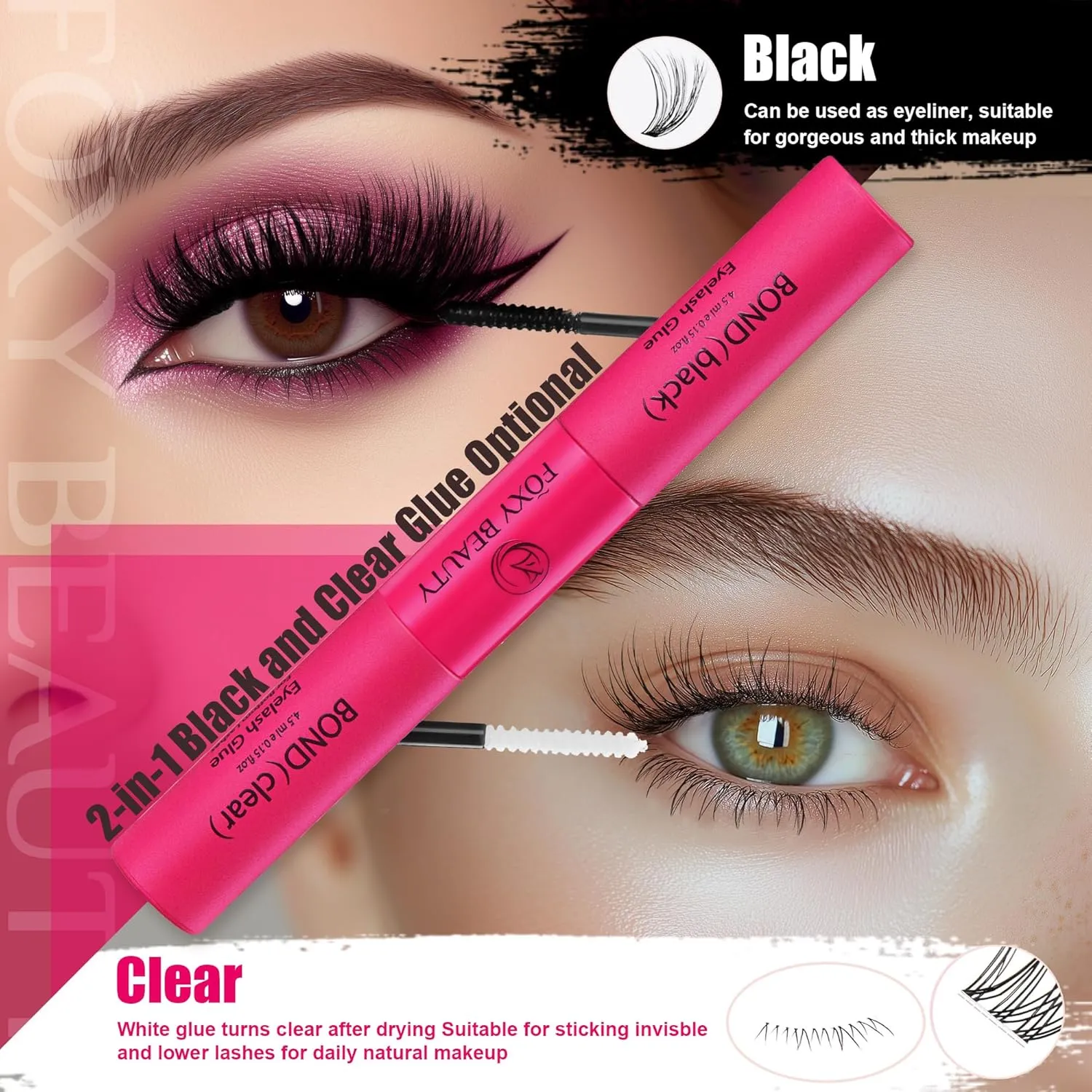 Black & Clear Long Lasting Waterproof lash Cluster Glue Beginner Bond and Seal for lash Clusters with Remover Tweezers 6 Pcs DIY at Home Cruelty Free, Non-Irritating