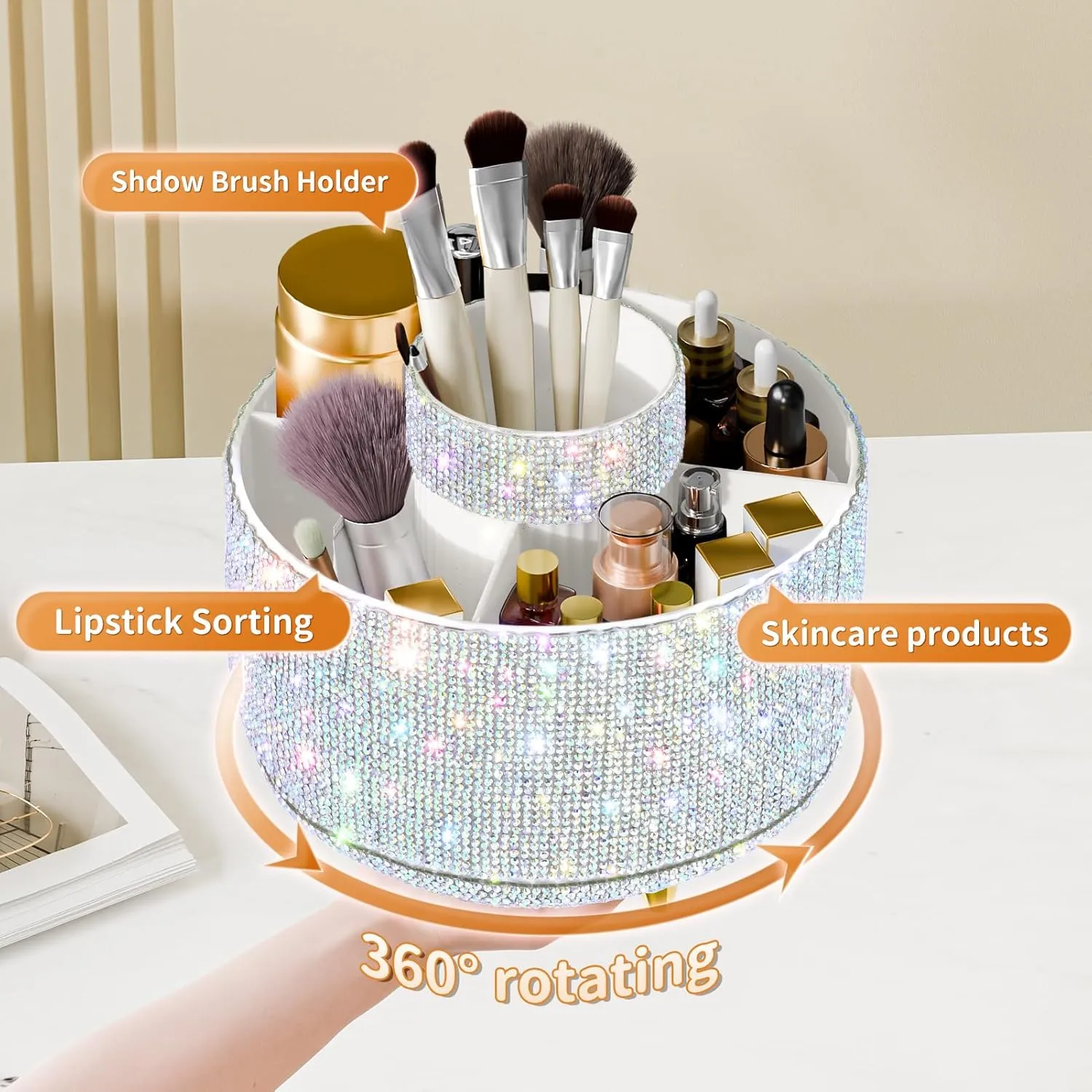 Bling Diamond Makeup Brush Holder, 360° Rotating Makeup Organizer, 5 Slot Make up Brushes Cup for Countertop, Storage for Cosmetics Pen Eyeliner Skincare on the Vanity ((Diamond white AB)