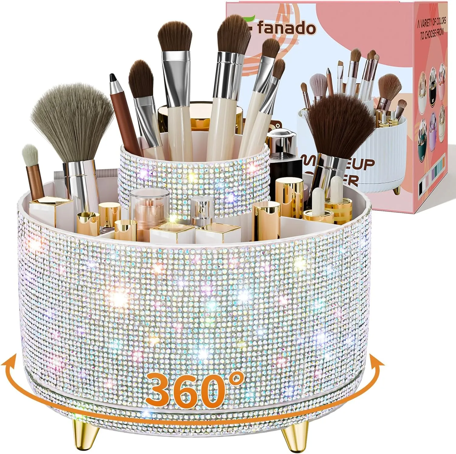Bling Diamond Makeup Brush Holder, 360° Rotating Makeup Organizer, 5 Slot Make up Brushes Cup for Countertop, Storage for Cosmetics Pen Eyeliner Skincare on the Vanity ((Diamond white AB)