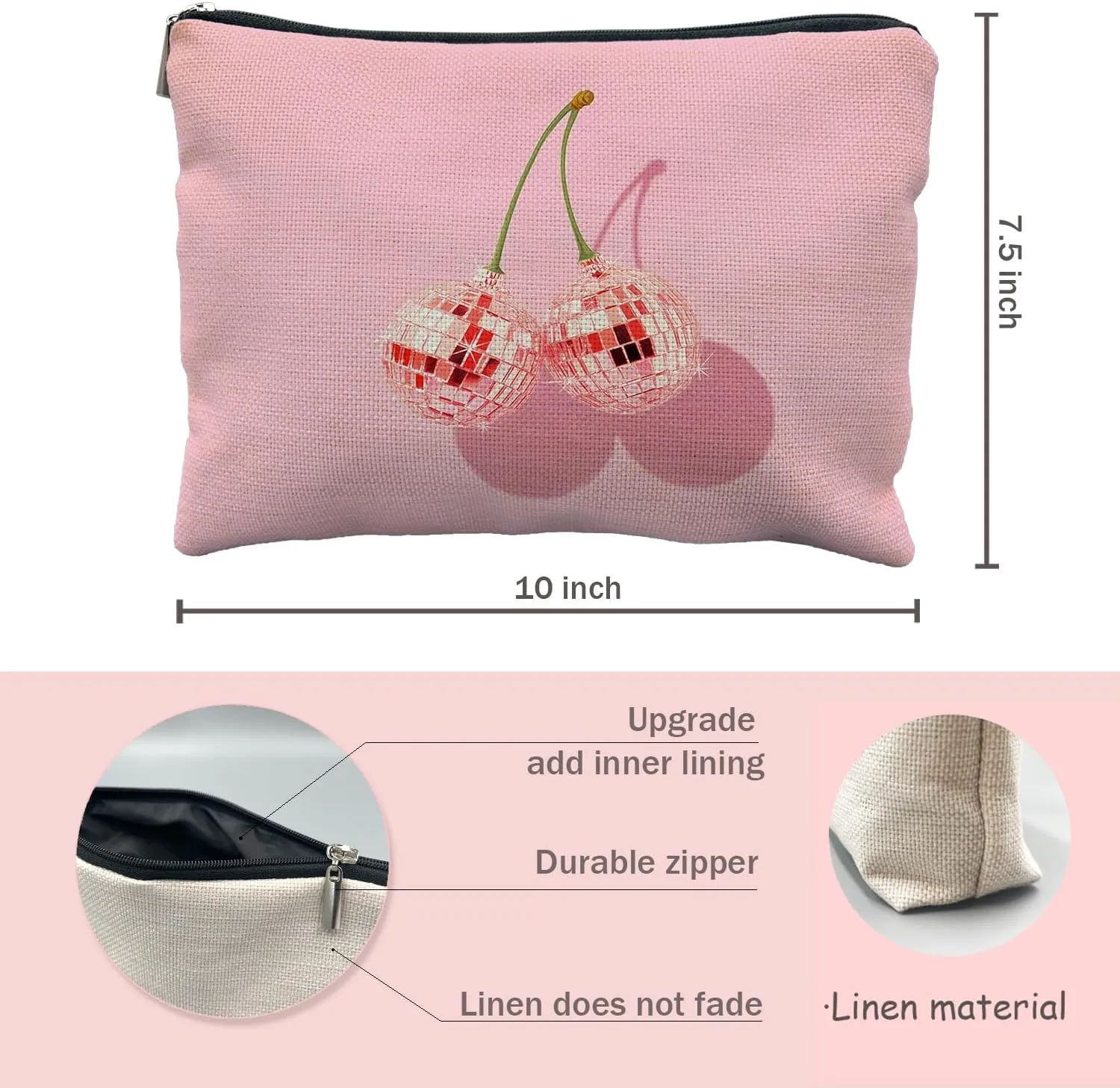 Cherry Makeup Bag - Preppy Hot Pink Disco Ball Gift for Women, Teachers, Teen Girls, and Sisters