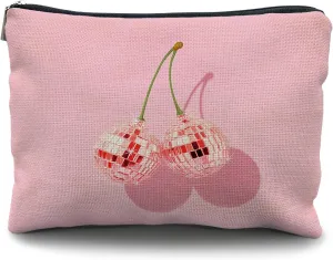 Cherry Makeup Bag - Preppy Hot Pink Disco Ball Gift for Women, Teachers, Teen Girls, and Sisters