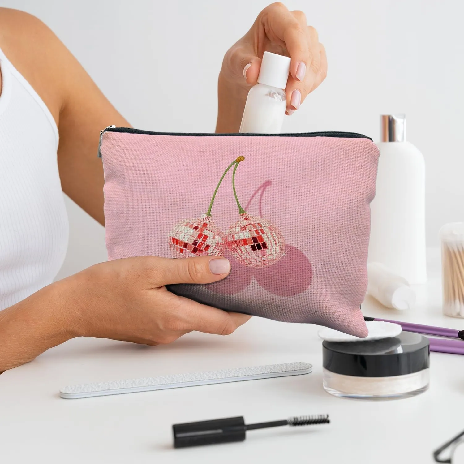 Cherry Makeup Bag - Preppy Hot Pink Disco Ball Gift for Women, Teachers, Teen Girls, and Sisters