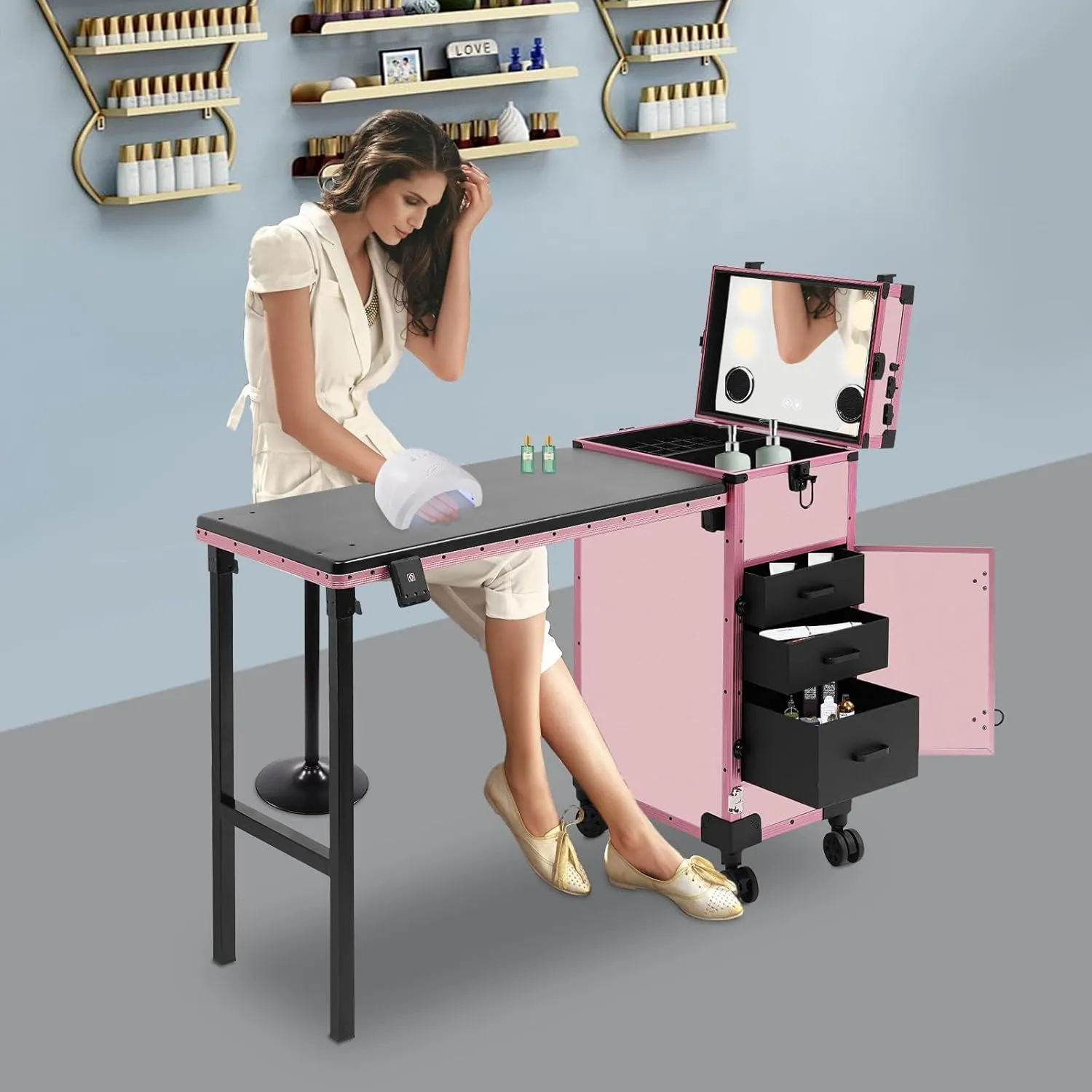 CNCEST Travel Makeup Case, Rolling Makeup Case, Makeup Case With with 3-Tier Drawers & LEDMirror for Display Shows, Street Performances, Temporary Make-Up Rooms (Pink)
