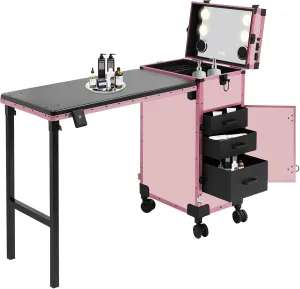 CNCEST Travel Makeup Case, Rolling Makeup Case, Makeup Case With with 3-Tier Drawers & LEDMirror for Display Shows, Street Performances, Temporary Make-Up Rooms (Pink)