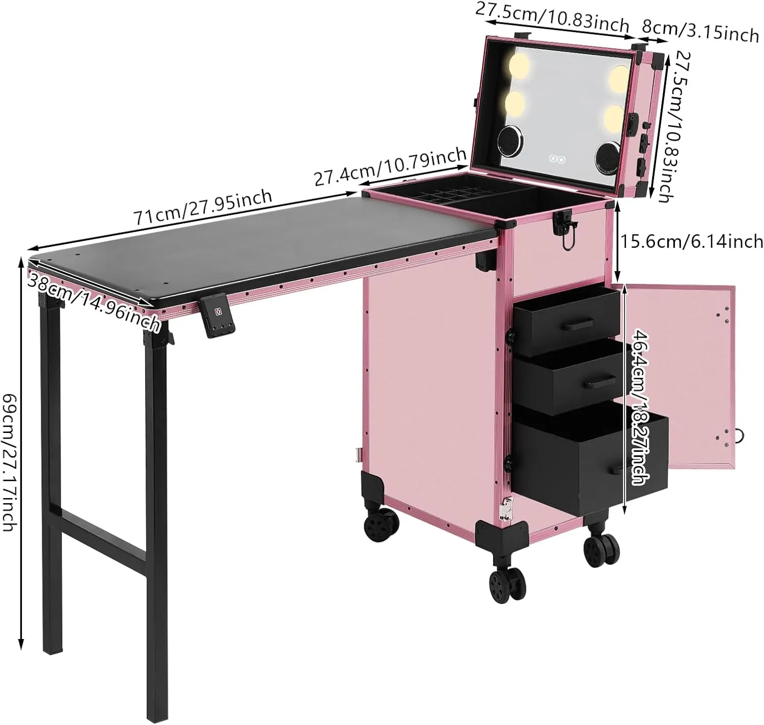 CNCEST Travel Makeup Case, Rolling Makeup Case, Makeup Case With with 3-Tier Drawers & LEDMirror for Display Shows, Street Performances, Temporary Make-Up Rooms (Pink)