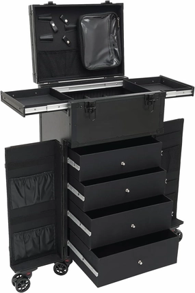 CNCEST Professional Rolling Makeup Case 4 Drawers Makeup Artist Cosmetic Train Case Hairstylist Travel Case Portable Make Up Station with Multiple Compartments & Wide Opening