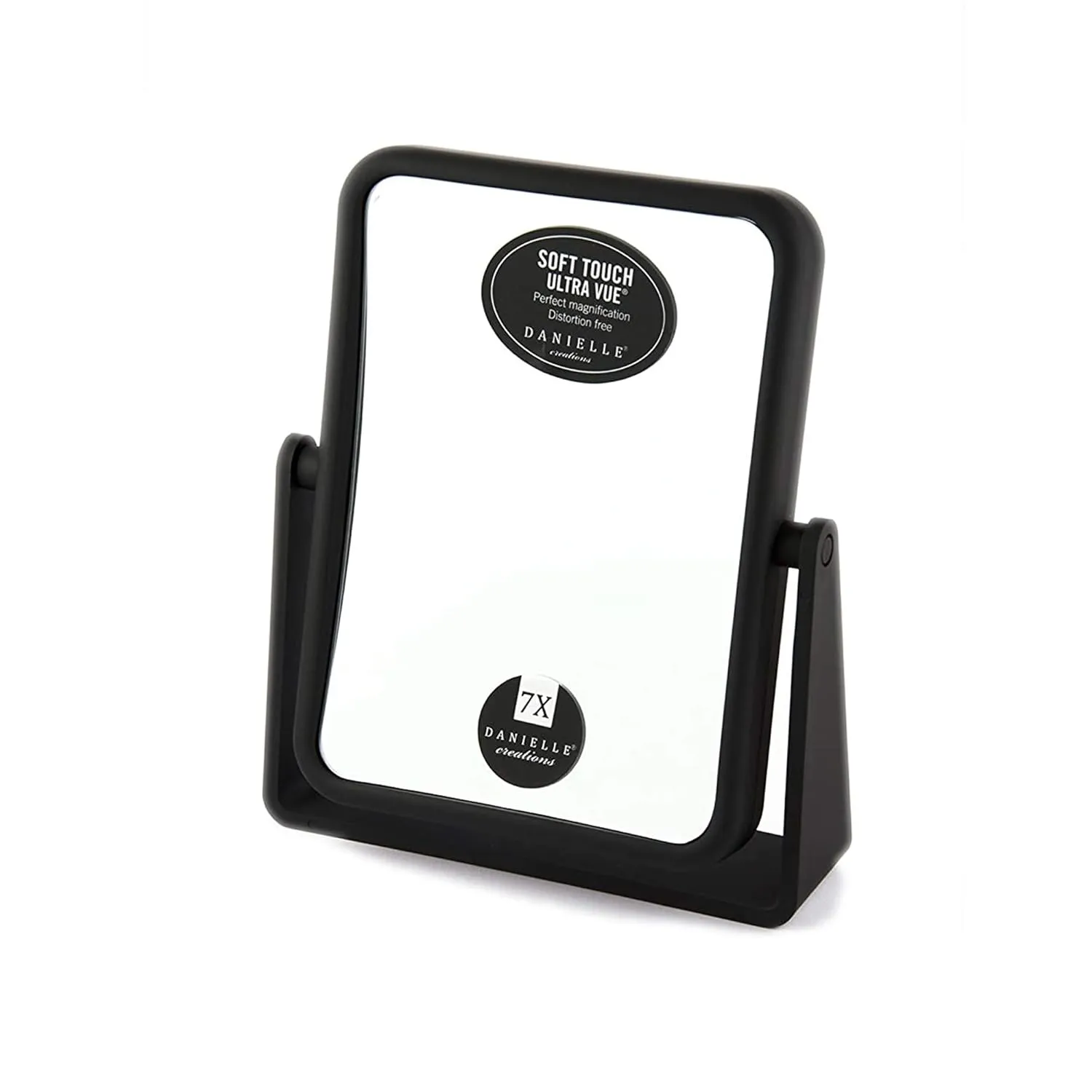 Danielle Creations 6.75-Inch Magnifying Vanity Makeup Mirror Rectangular Soft Touch Finish with 7X Magnification and 360 Swivel, Black