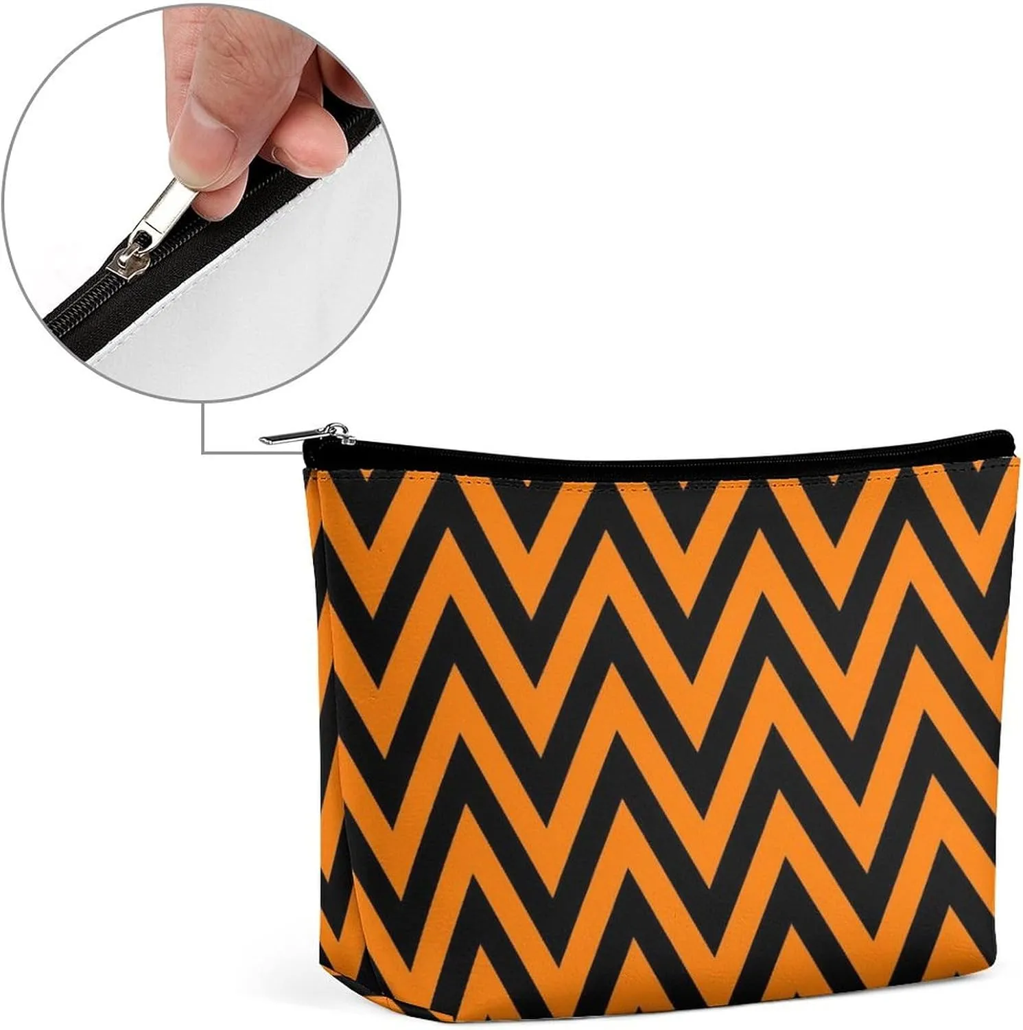 Elegant Makeup Bag, Black and Orange Chevron, Zig Zag Pattern Cosmetic Bag Large Capacity Pouch Portable Organizer for Men & Women