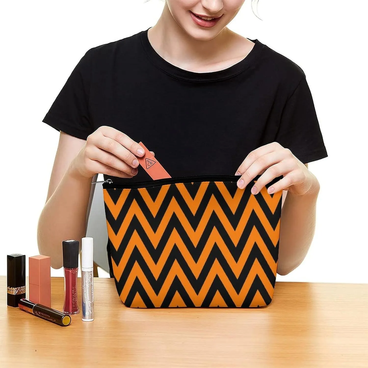 Elegant Makeup Bag, Black and Orange Chevron, Zig Zag Pattern Cosmetic Bag Large Capacity Pouch Portable Organizer for Men & Women