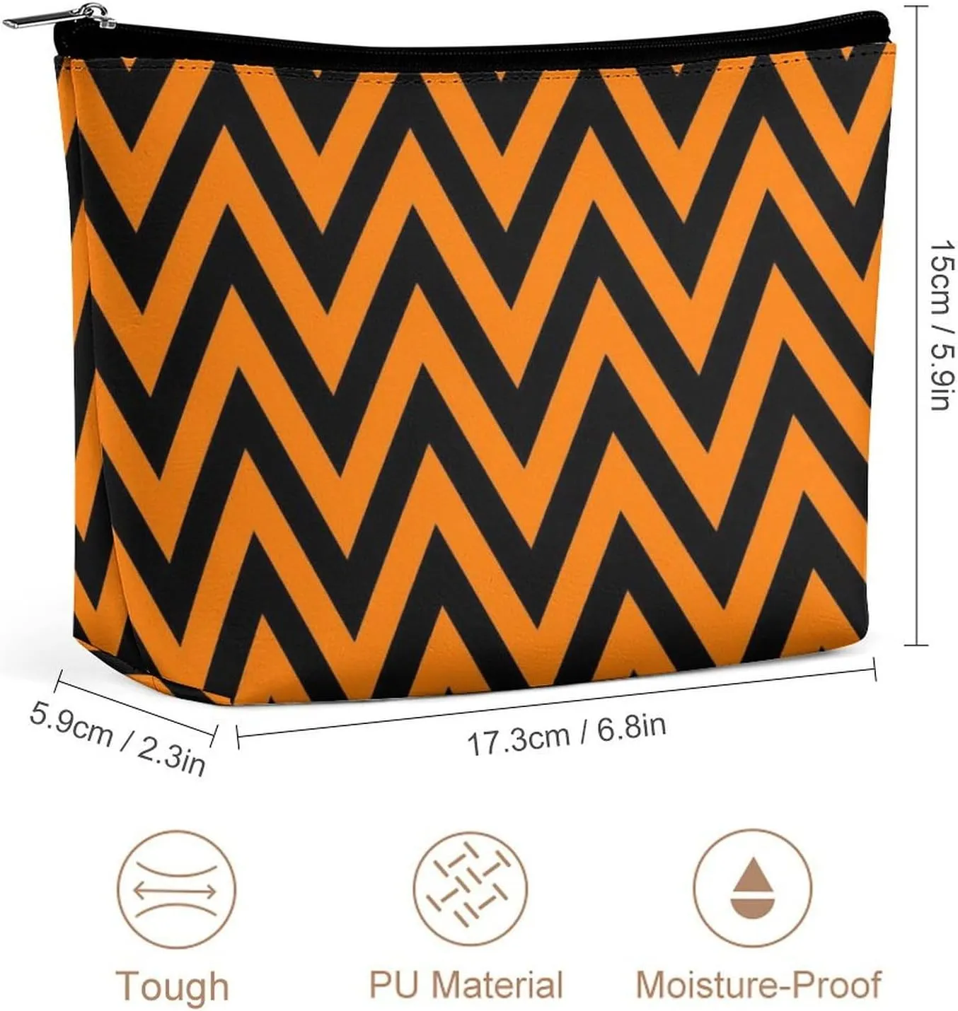Elegant Makeup Bag, Black and Orange Chevron, Zig Zag Pattern Cosmetic Bag Large Capacity Pouch Portable Organizer for Men & Women