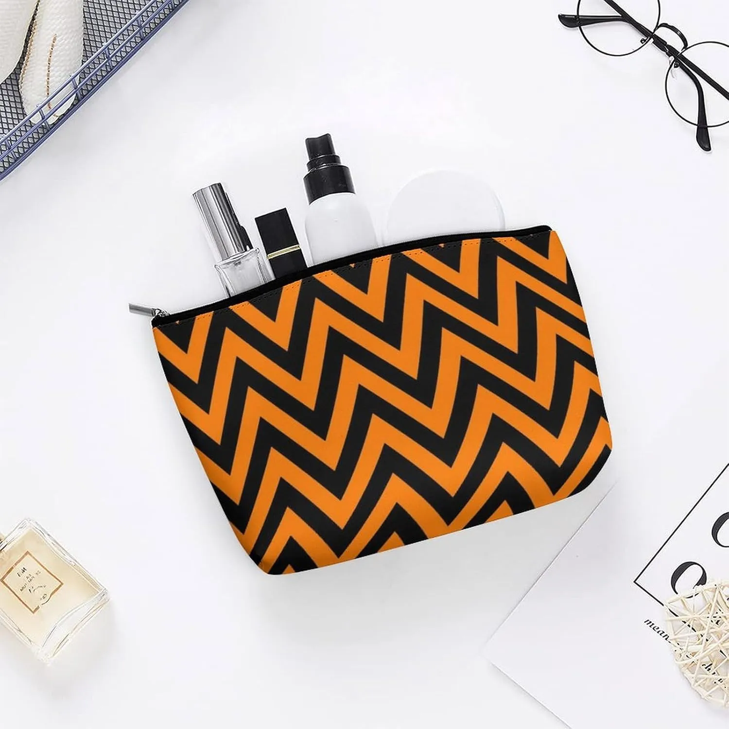 Elegant Makeup Bag, Black and Orange Chevron, Zig Zag Pattern Cosmetic Bag Large Capacity Pouch Portable Organizer for Men & Women