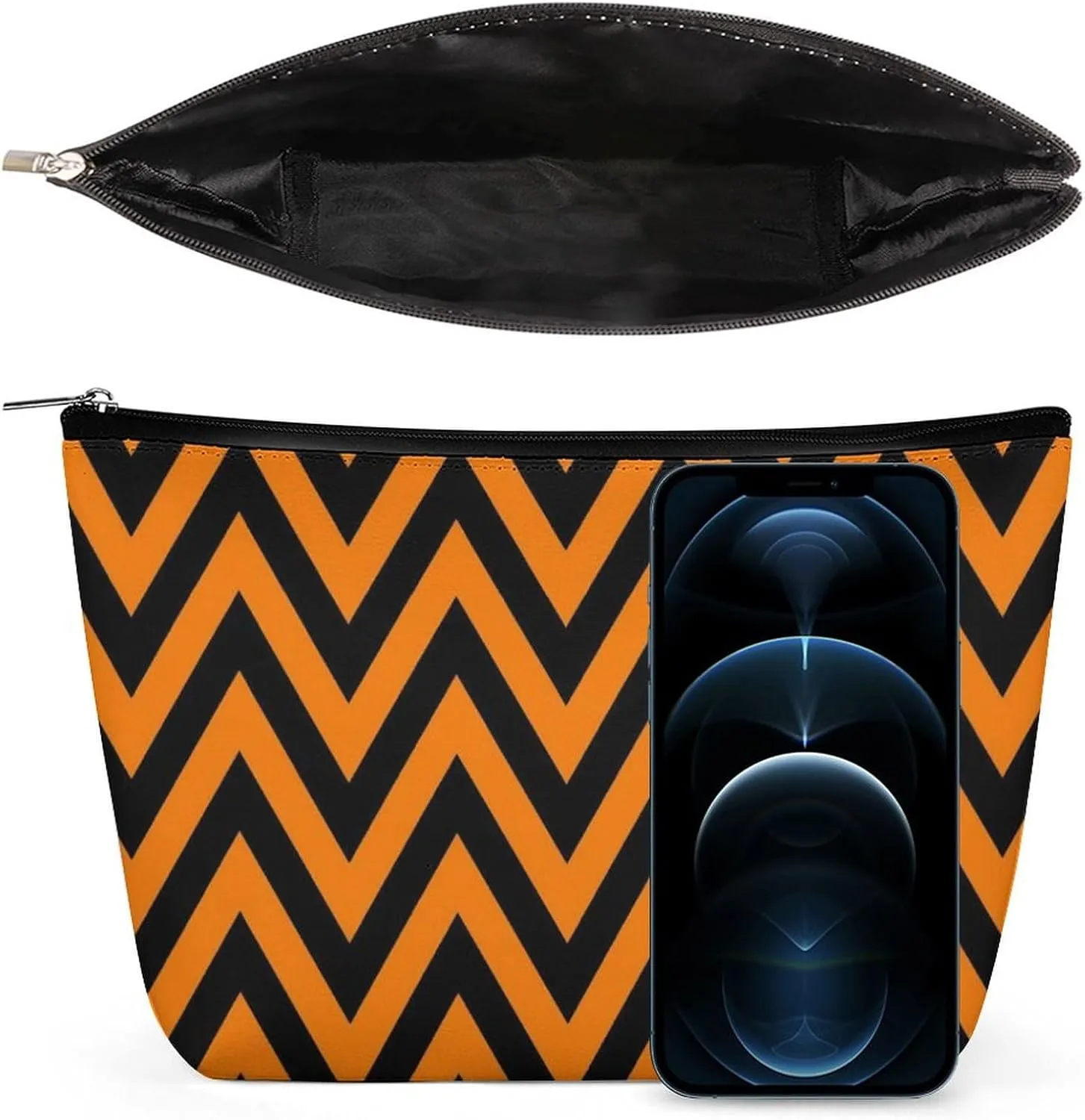 Elegant Makeup Bag, Black and Orange Chevron, Zig Zag Pattern Cosmetic Bag Large Capacity Pouch Portable Organizer for Men & Women