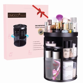 EMOCCI Rotating Makeup Organizers 360 Adjustable Spinning Cosmetic Storage Box Case Large Capacity Make Up Holder Vanity Shelf Fits Counter top Bathroom Kitchen(Black)
