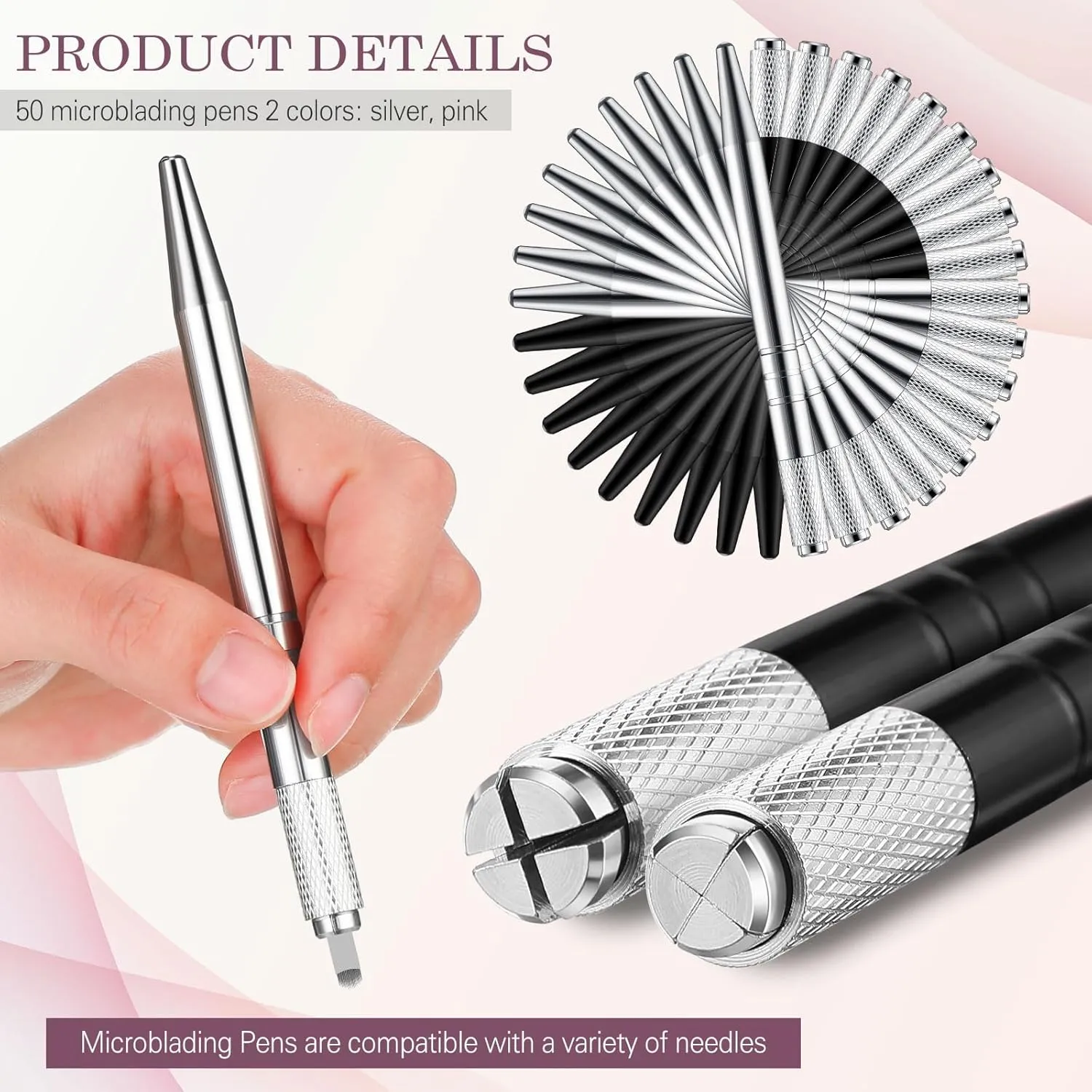 Gisafai 50 Pcs Microblading Pen Manual Eyebrow Pens Supplies Aluminum Microblade Pen Tool Holder Hand Tools for Makeup Supplies Salons(Silver, Black)