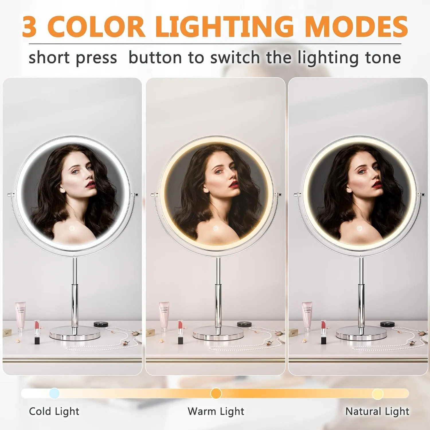 Hasipu 10-inch Lighted Makeup Mirror with Magnification, Rechargeable 3000 mAh Vanity Mirror with Lights, Desk Mirror with Dimmable Brightness, 3 Lighting Modes, Height Adjustment, Black