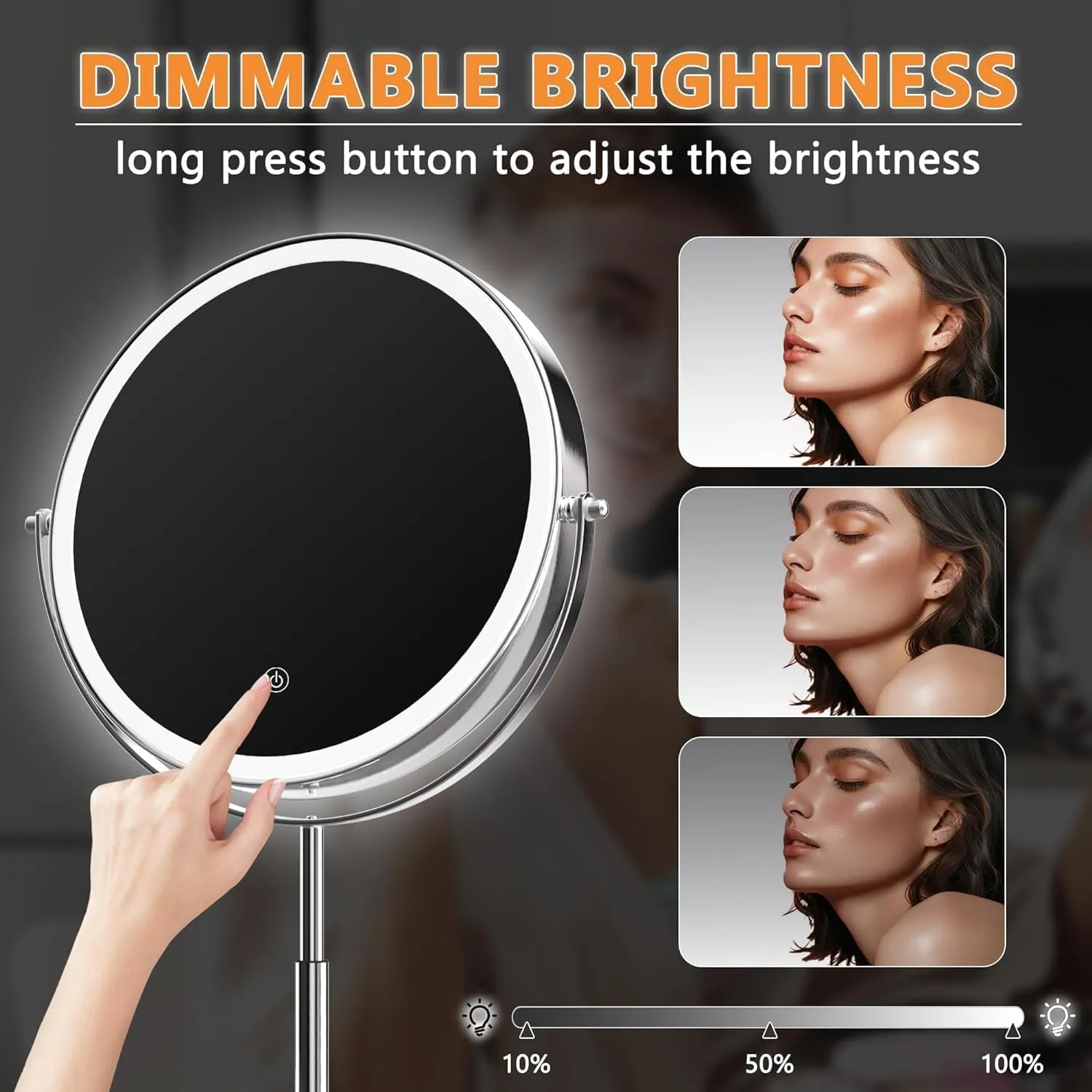 Hasipu 10-inch Lighted Makeup Mirror with Magnification, Rechargeable 3000 mAh Vanity Mirror with Lights, Desk Mirror with Dimmable Brightness, 3 Lighting Modes, Height Adjustment, Black