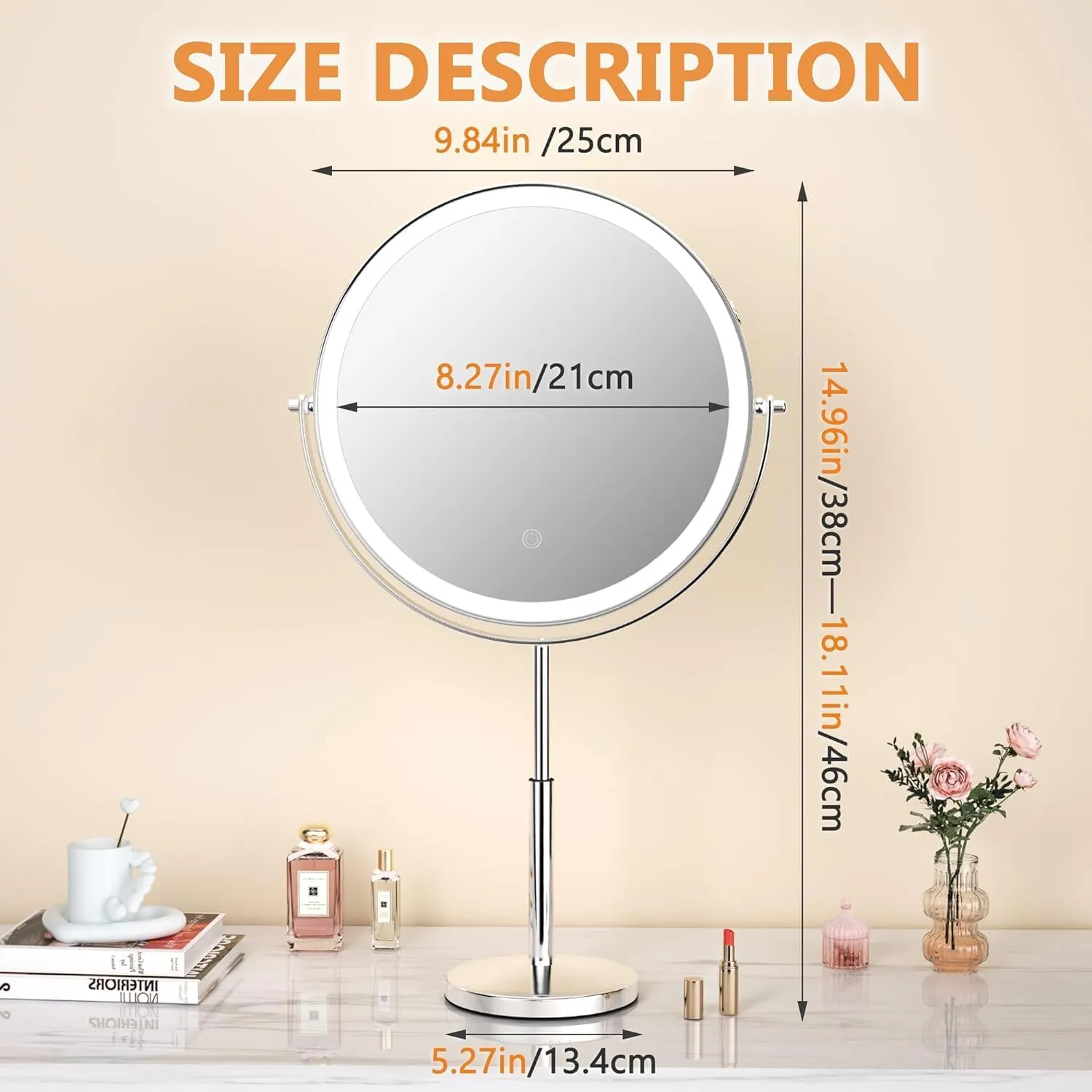 Hasipu 10-inch Lighted Makeup Mirror with Magnification, Rechargeable 3000 mAh Vanity Mirror with Lights, Desk Mirror with Dimmable Brightness, 3 Lighting Modes, Height Adjustment, Black