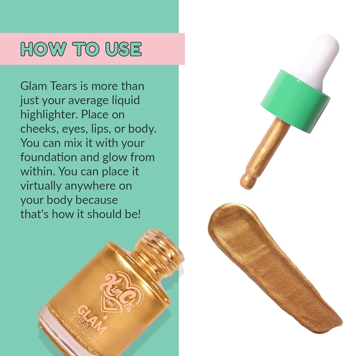 KimChi Chic Beauty Glam Tears Liquid Highlighter, Cheek Shimmer and Body Glitter, Sun-Kissed and Glowing Skin, Pearlescent Finish, Vegan Makeup, Opal Highlighter, 0.56 fl oz