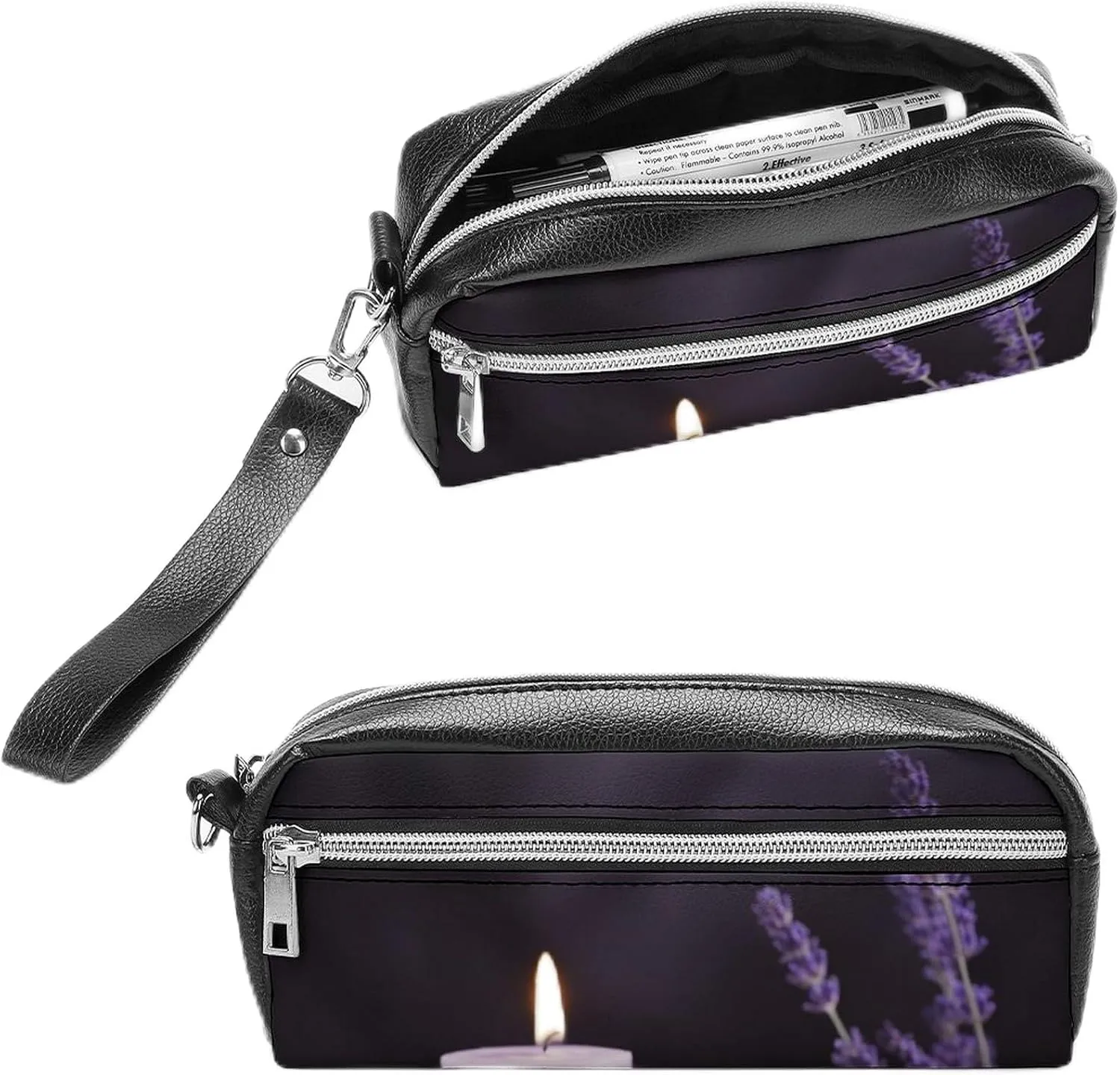 Leather Pencil Cases Purple Lavender With Candles Pen Pouch Travel Cosmetic Bag for Purse Portable Makeup Brush Bag Holder Coin Purse for Women Makeup Case Purse Organizer