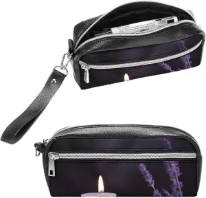Leather Pencil Cases Purple Lavender With Candles Pen Pouch Travel Cosmetic Bag for Purse Portable Makeup Brush Bag Holder Coin Purse for Women Makeup Case Purse Organizer