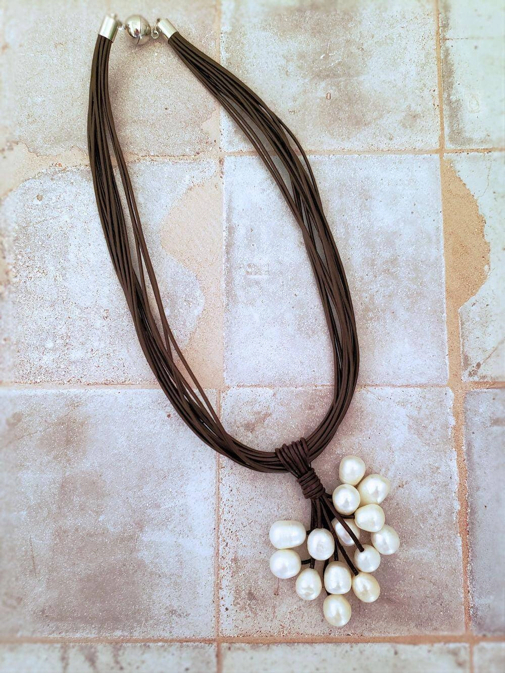 Leather and Pearl Cluster Necklace