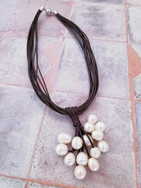 Leather and Pearl Cluster Necklace