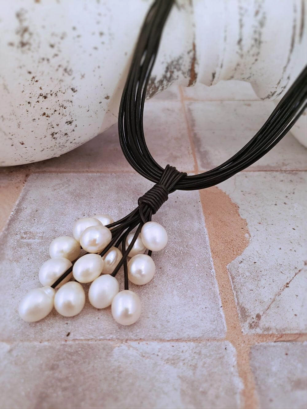 Leather and Pearl Cluster Necklace