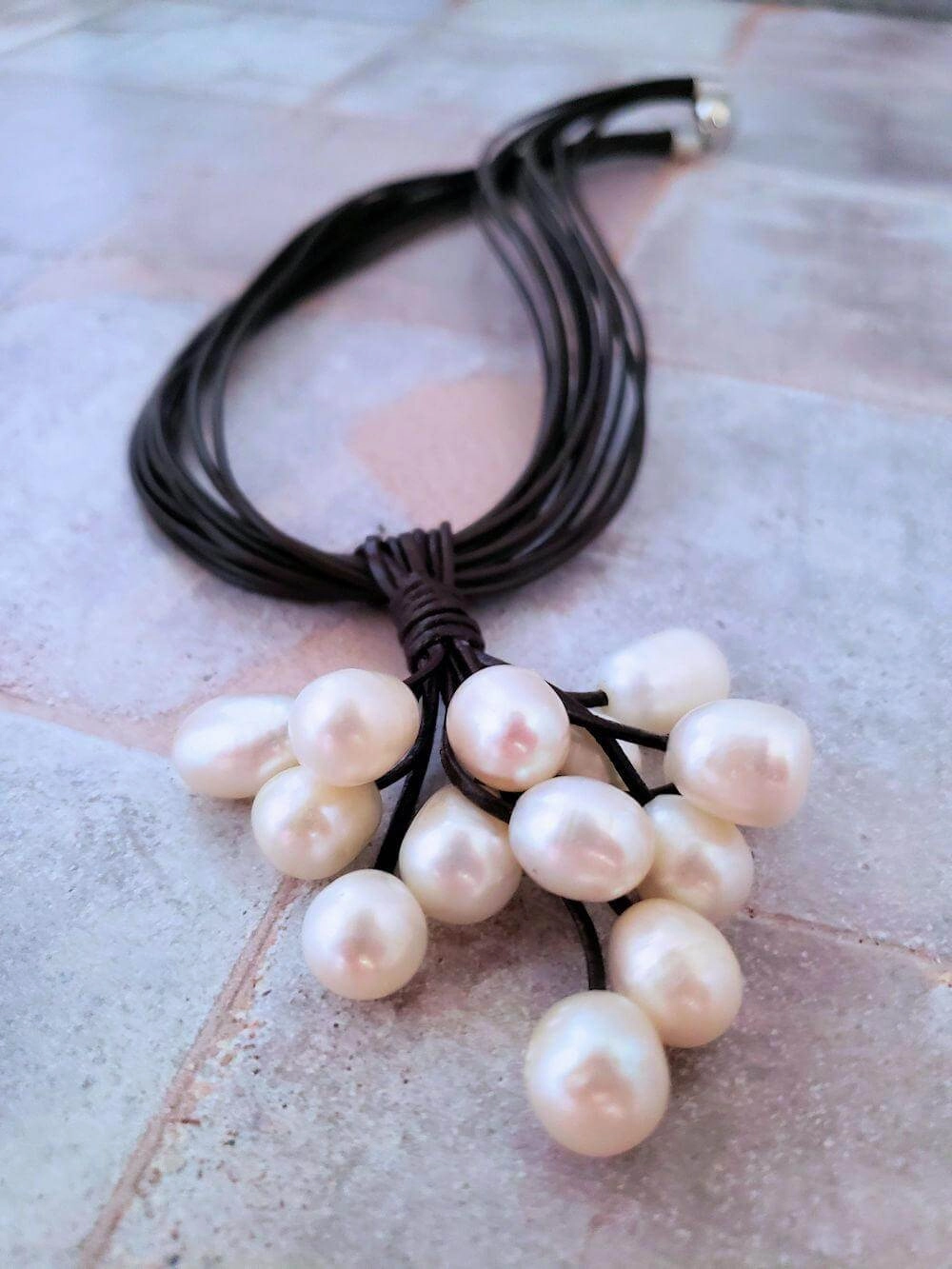 Leather and Pearl Cluster Necklace